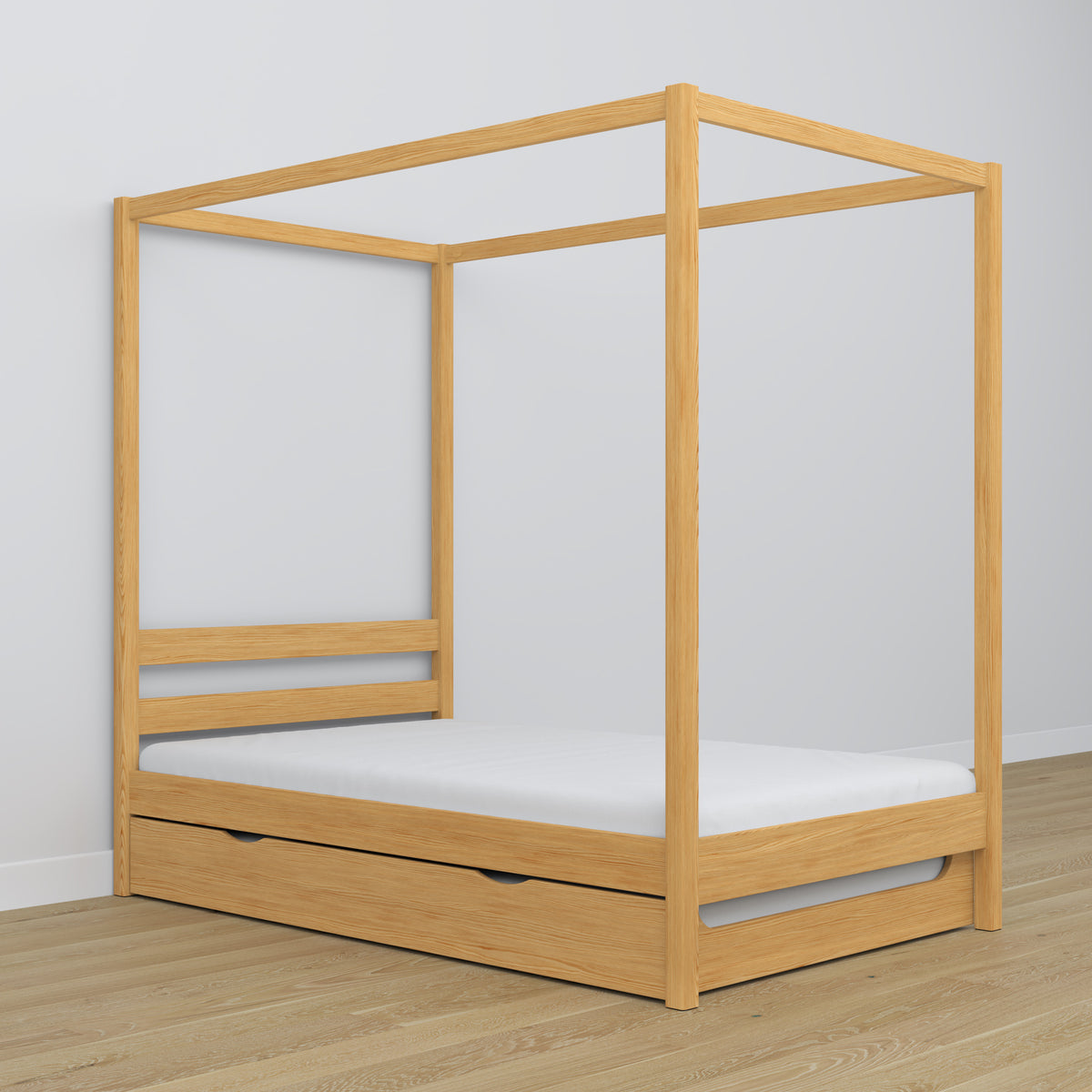 Natural pine canopy bed – drawer for additional mattress, wooden