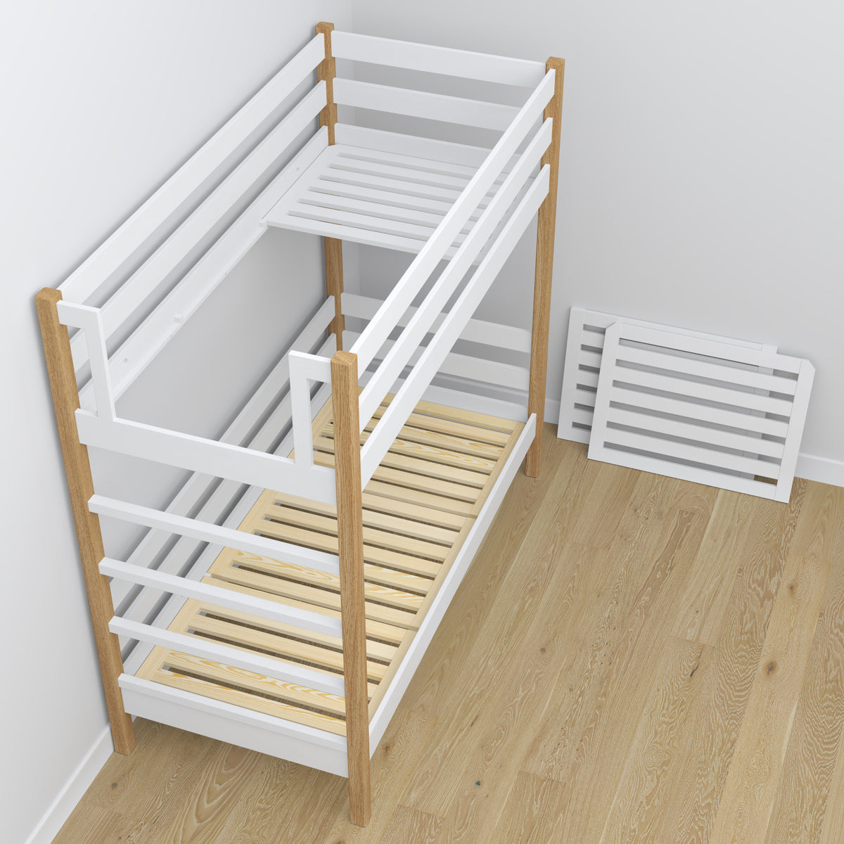 Balta ir ąžuolinė dviaukštė lova - medinė kampinė sofa, darbo kokybė stambiu planu