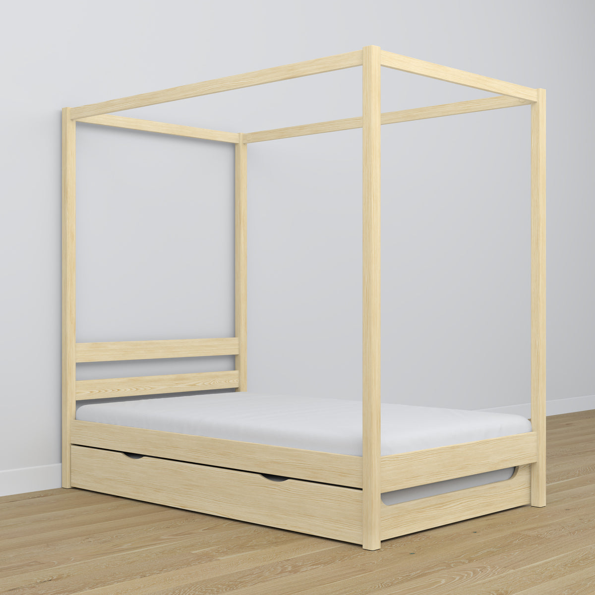 Clear pine canopy bed – drawer for additional mattress, wooden