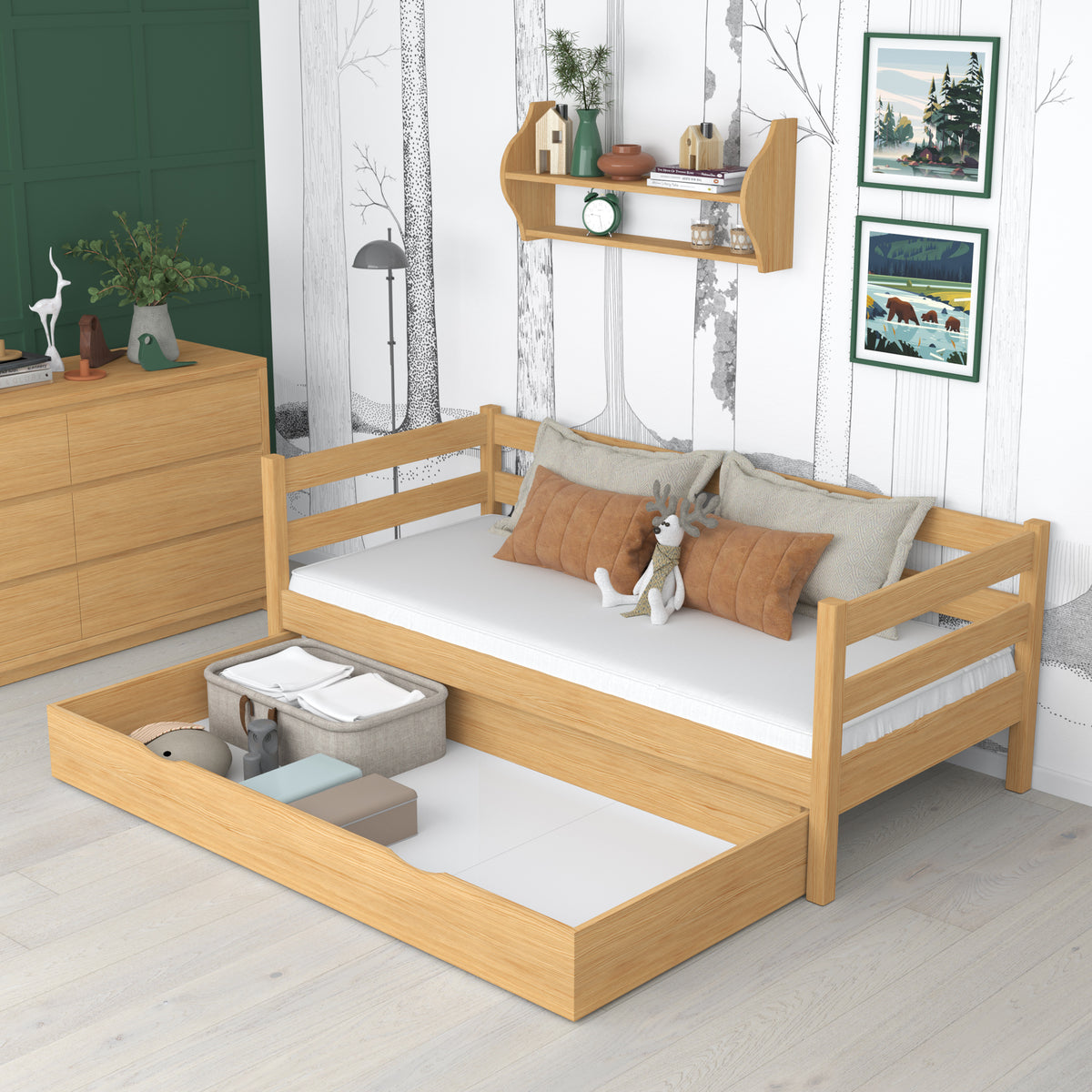 Natūralios pušies sofa-lova su stalčiumi - erdvi saugykla, medinė, Nizio