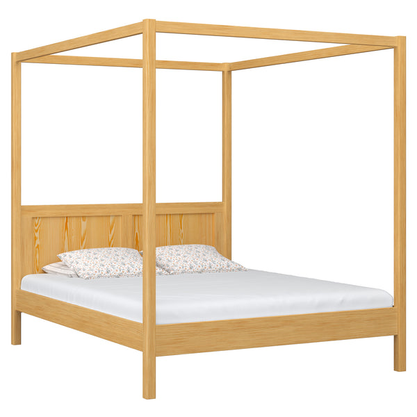 Wooden double bed with canopy natural pine – bedroom, Scandinavian style