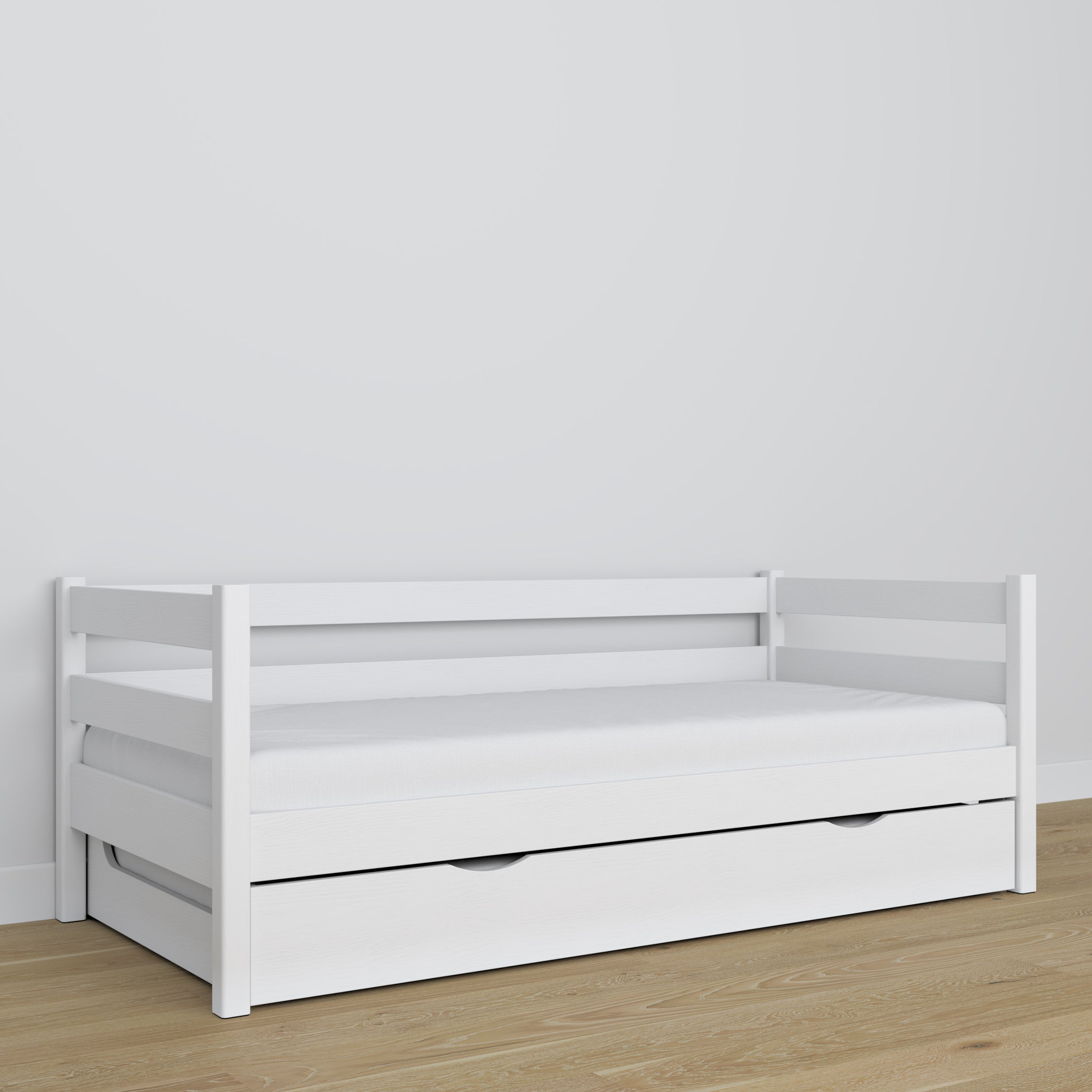 Balta sofa-lova - medinės detalės, aukštos kokybės Nizio