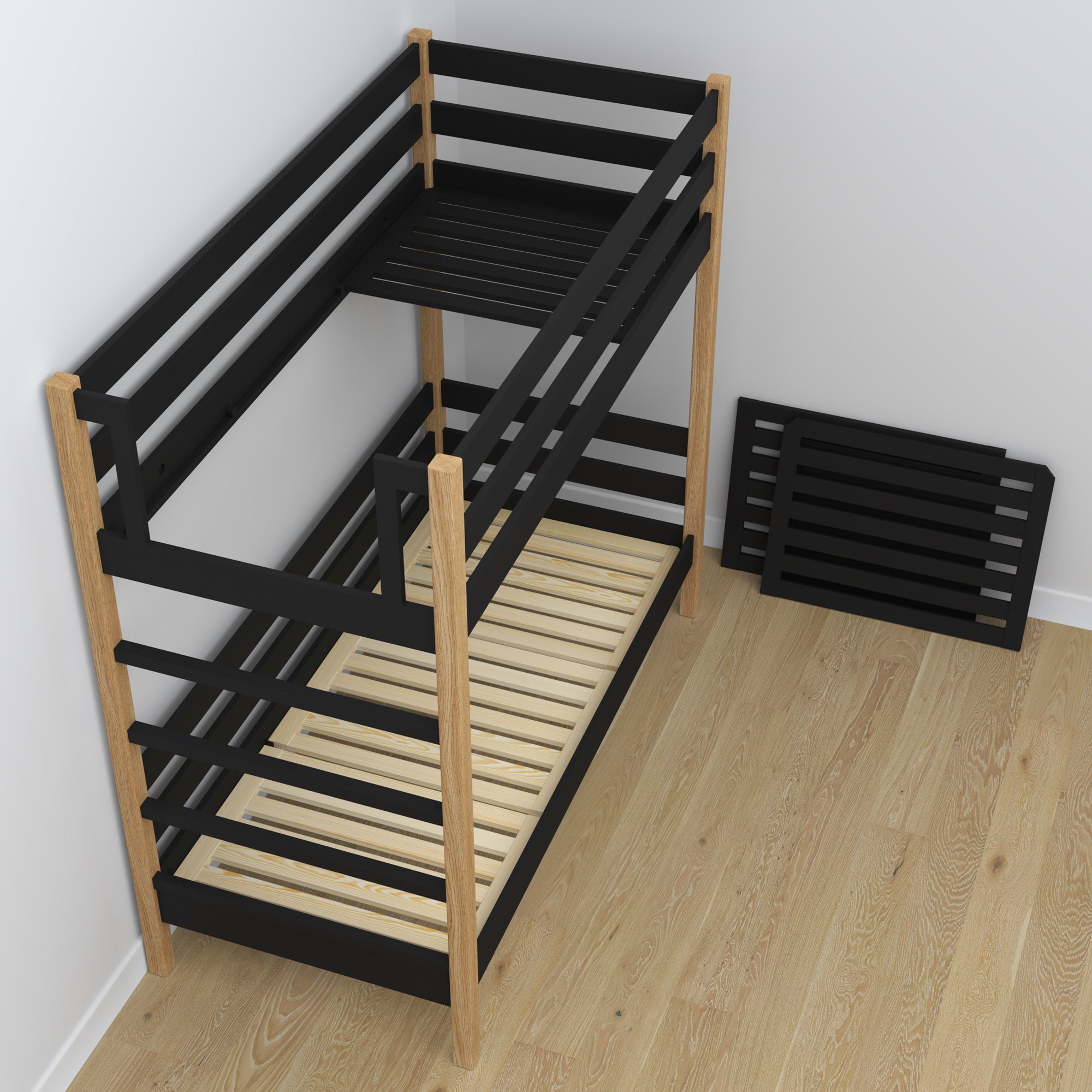 Black and oak bunk bed made of wood - dimensions and diagram, Nizio