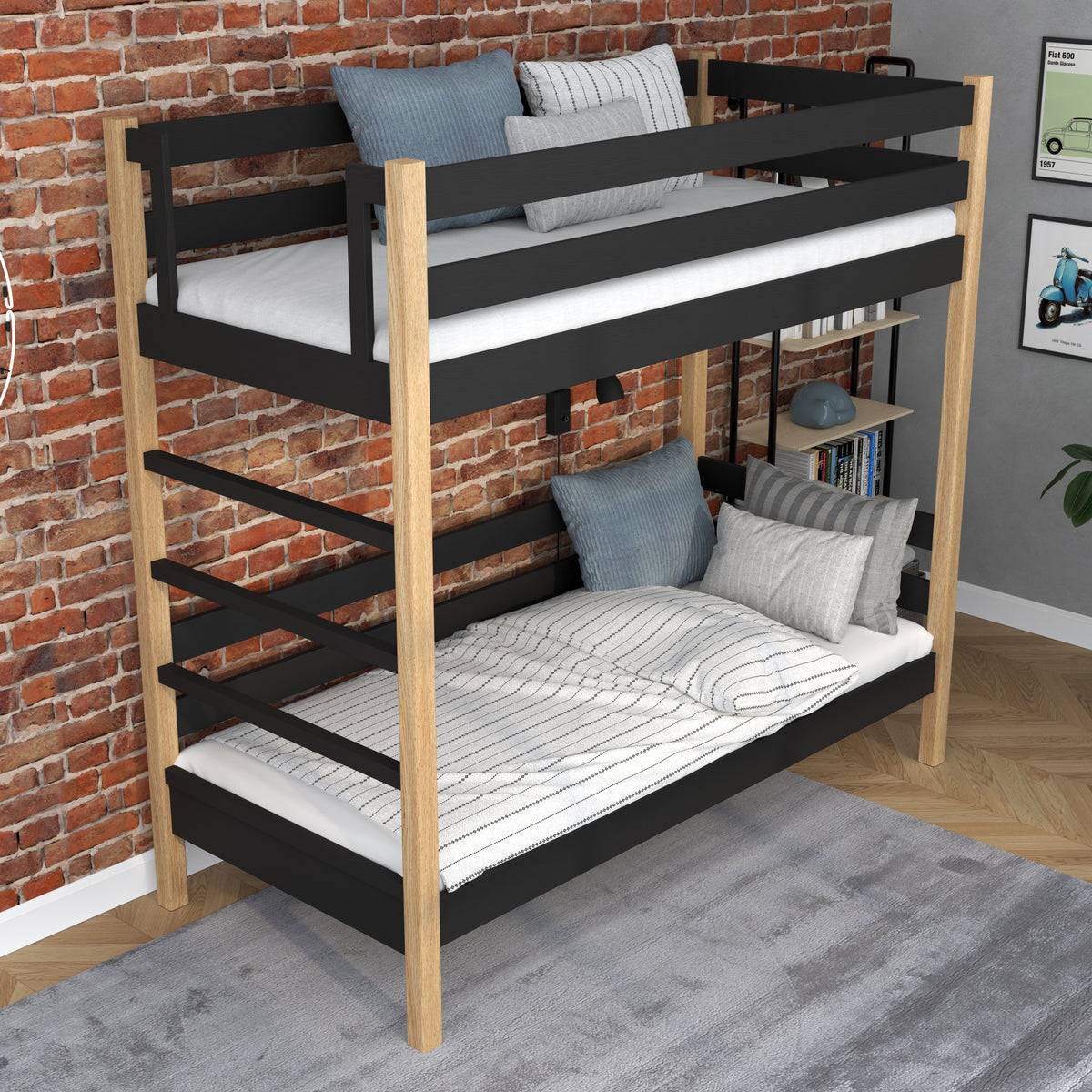 Black and oak bunk bed in a children's room - scandi arrangement, wooden