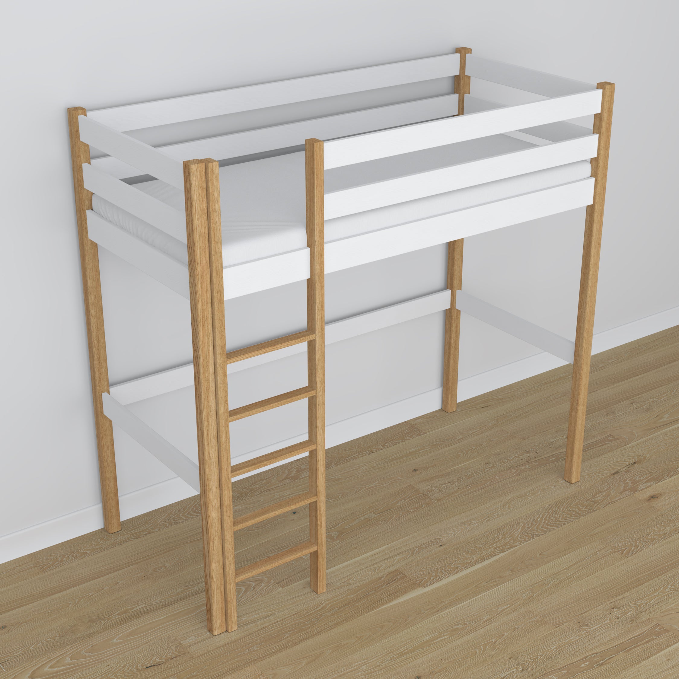 Loft bed white/oak in children’s room – scandi arrangement, wooden
