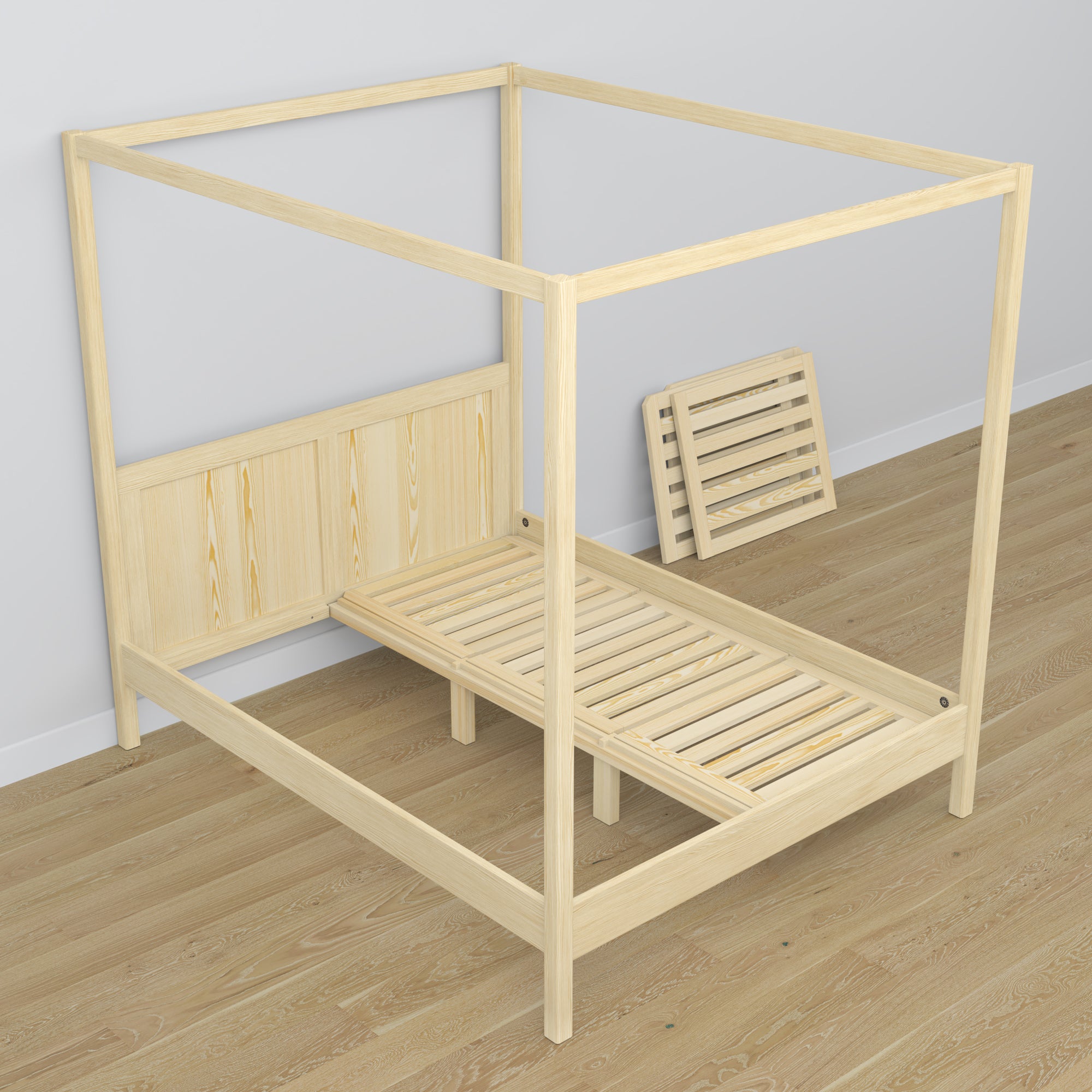 Canopy bed clear pine made of wood – side view, scandi style