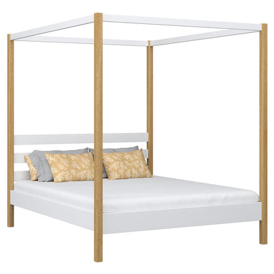 Wooden canopy double bed N01 white/oak – overall view, solid wood