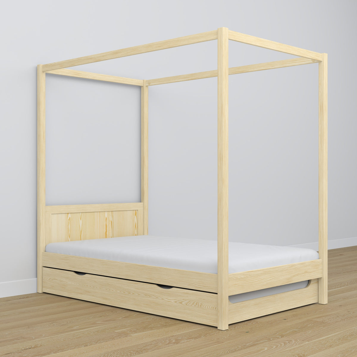 Clear pine canopy bed – drawer for additional mattress, wooden