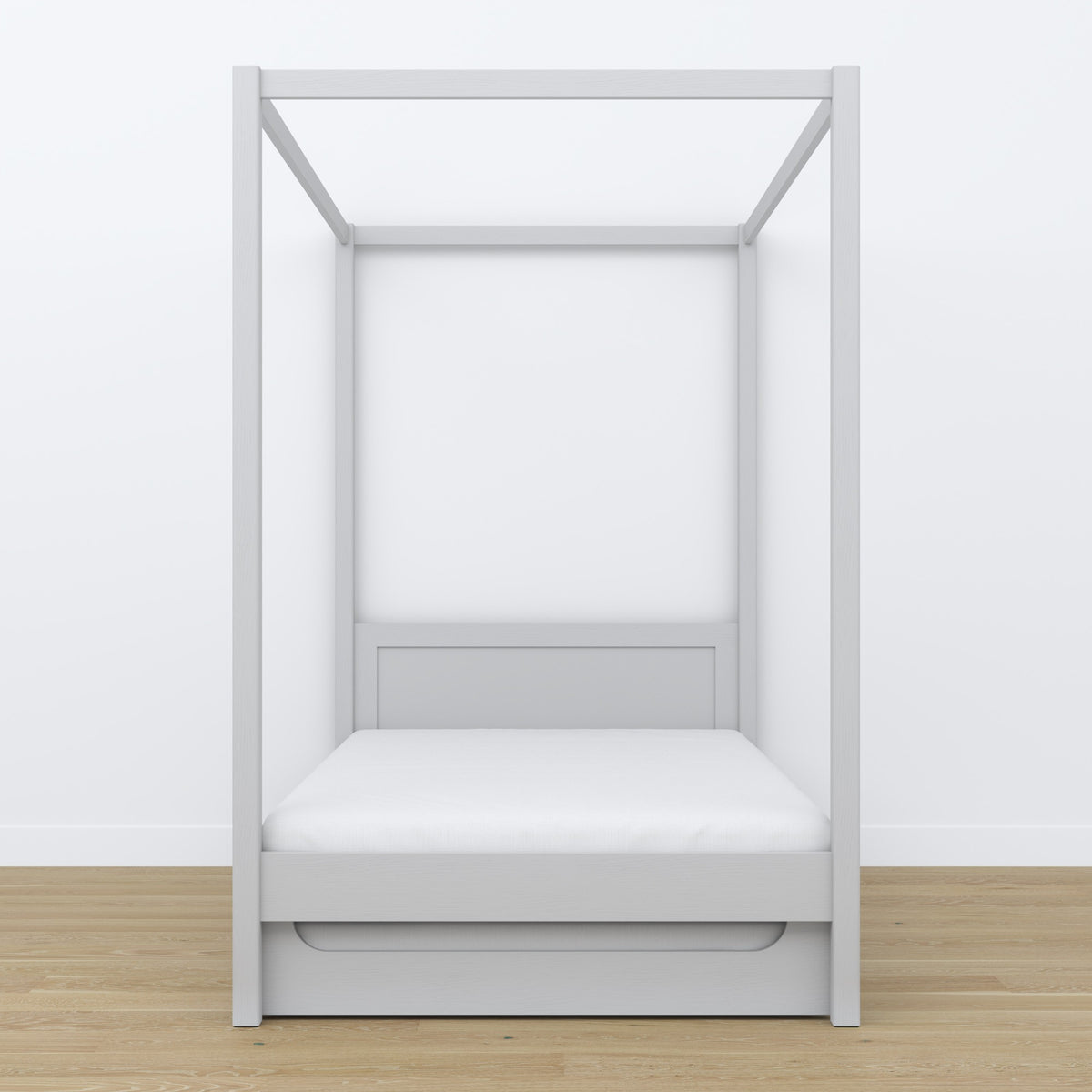 Bed grey with canopy and drawer – side view, wooden, Nizio