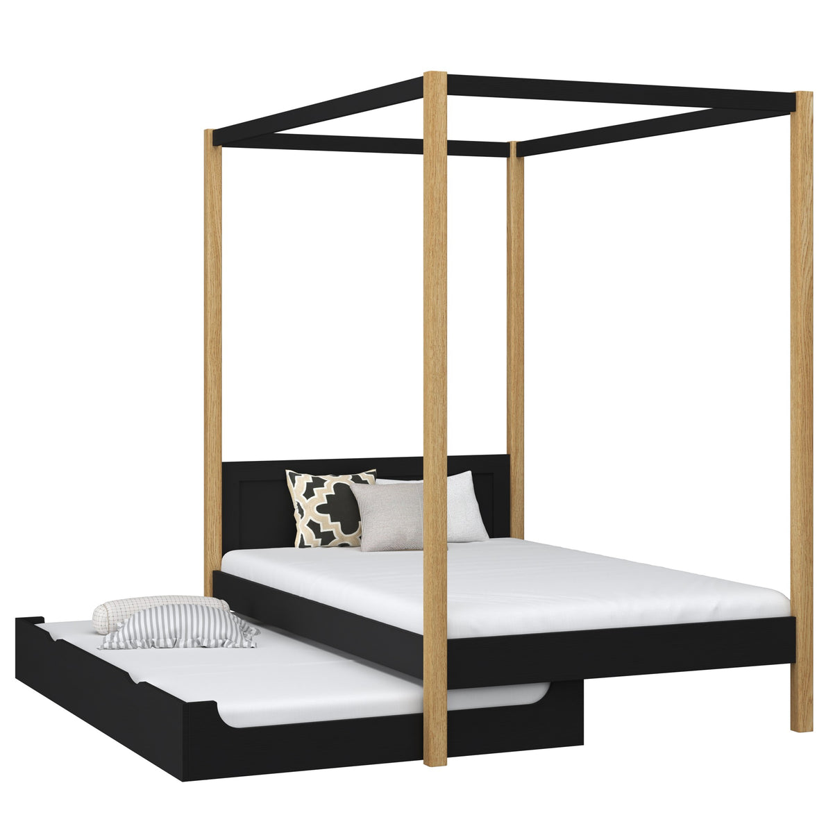 Wooden canopy bed with mattress drawer black-oak – scandi child’s room