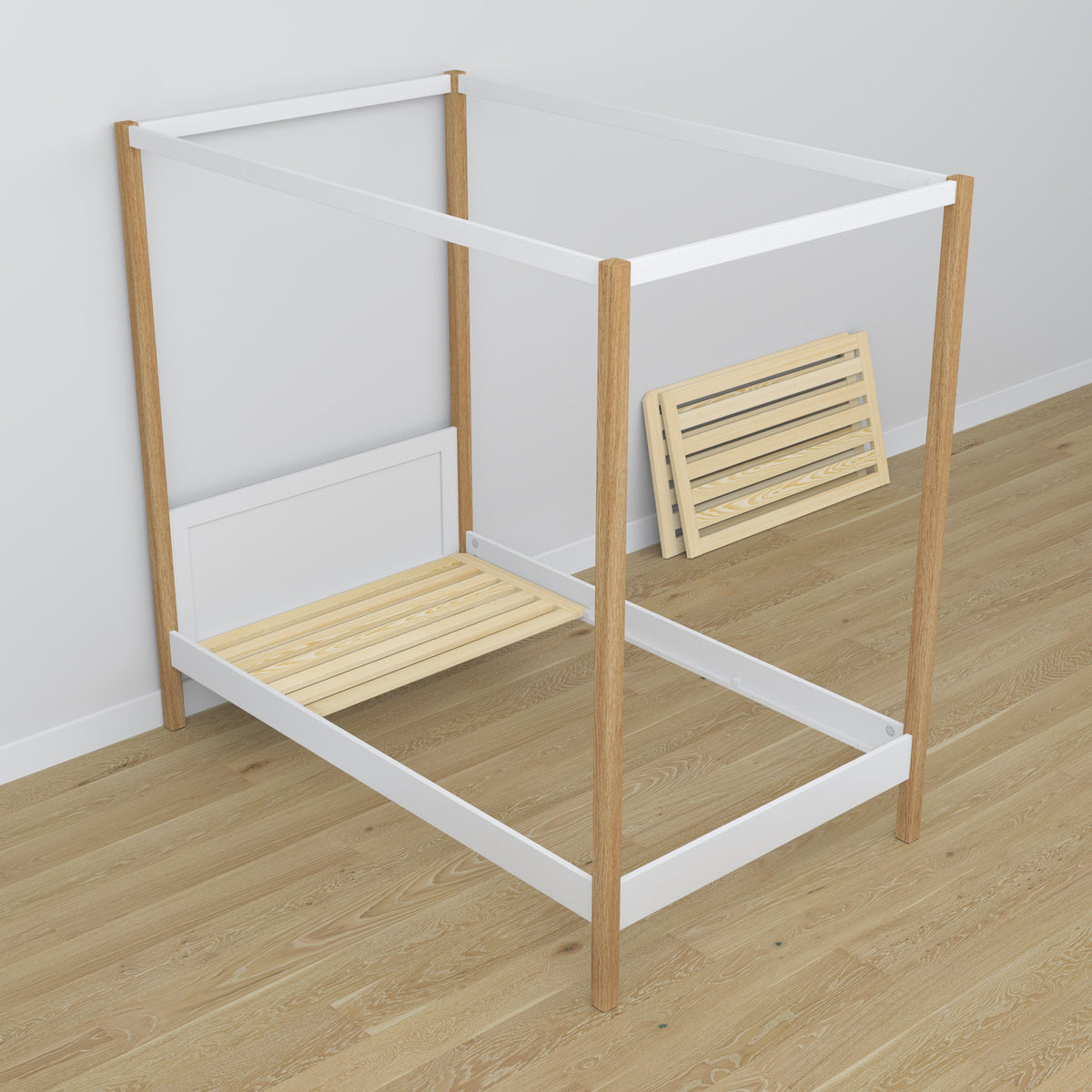 Wooden canopy bed white-oak – scandi child’s room arrangement