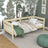 Bespalvė pušinė sofa-lova vaikų kambaryje - skandi išdėstymas, medinė