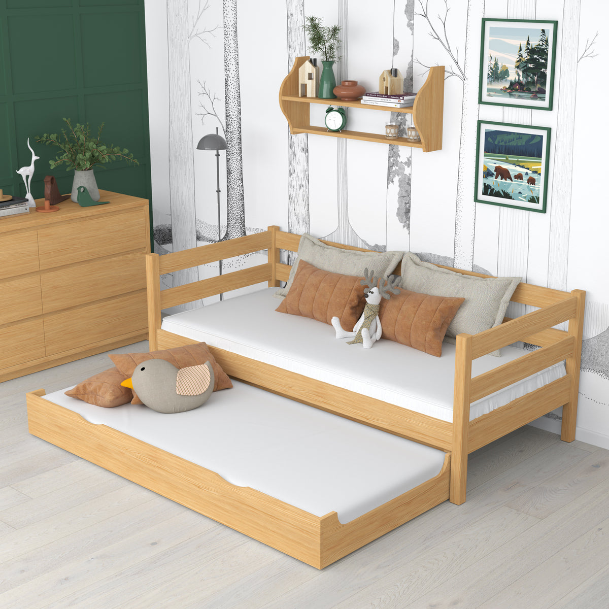 Medinė sofa-lova, natūrali pušis - prailgintas čiužinio stalčius, svečiams