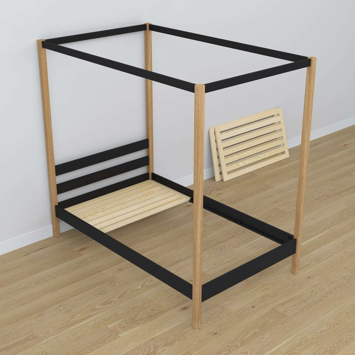 Juodos ir ąžuolo lova su baldakimu ir stalčiumi, pagaminta iš medžio - išmatavimai, Nizio