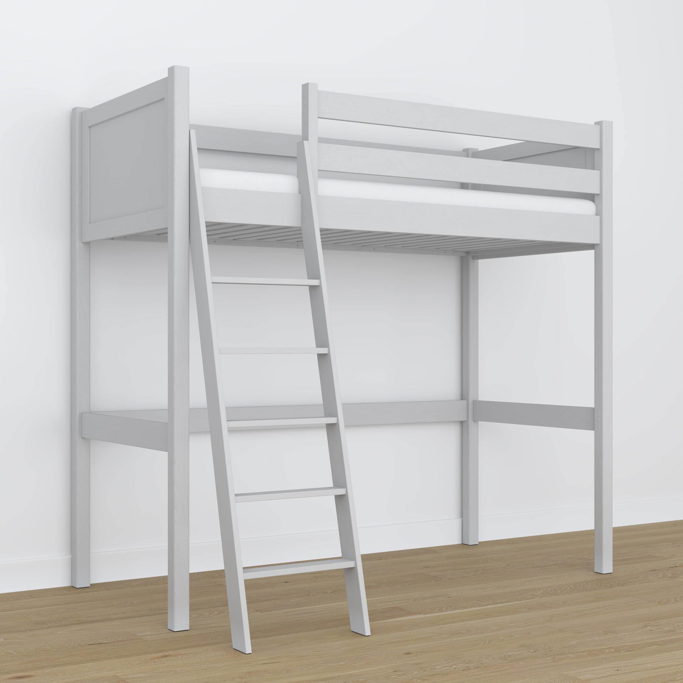 Pilka medinė antresolinė lova - sandūrų ir kopėčių detalės, Nizio Home
