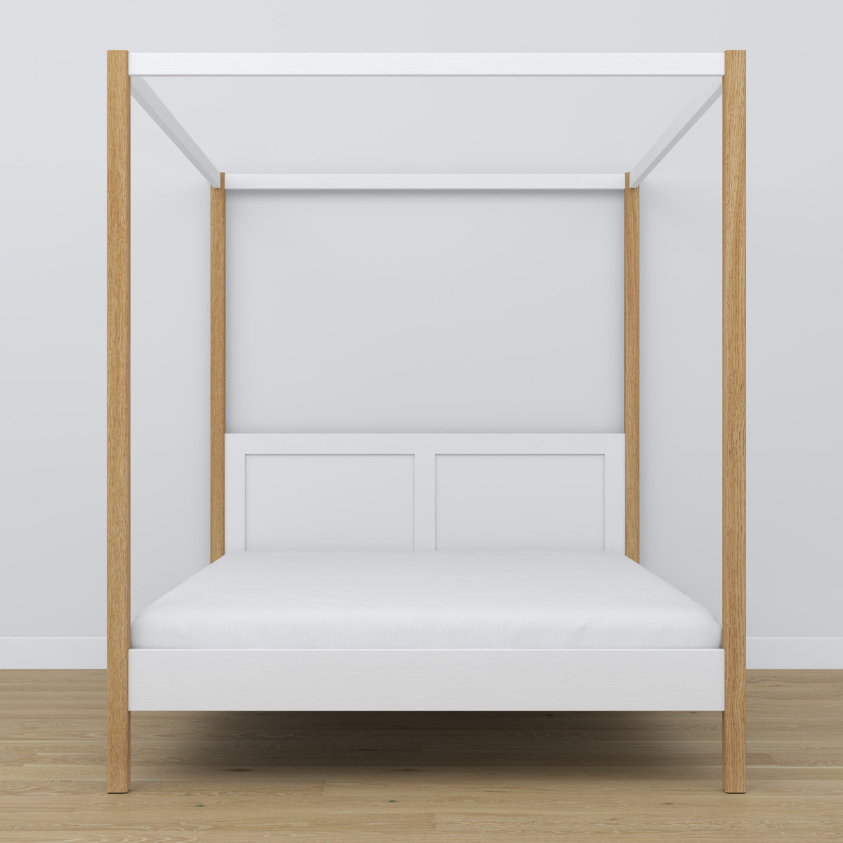 Wooden double bed with canopy white and oak – headboard and frame, close-up