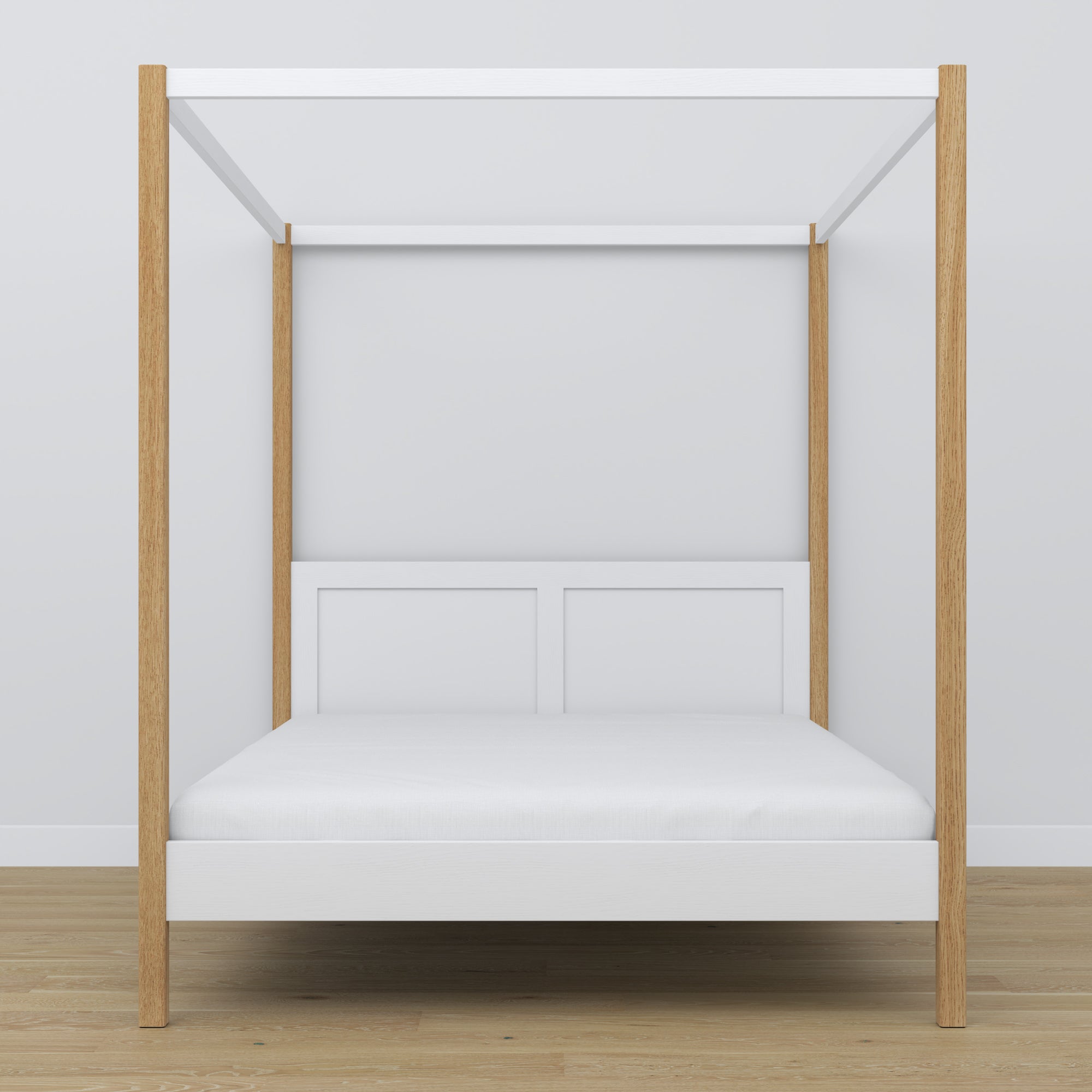 Wooden double bed with canopy white and oak – headboard and frame, close-up