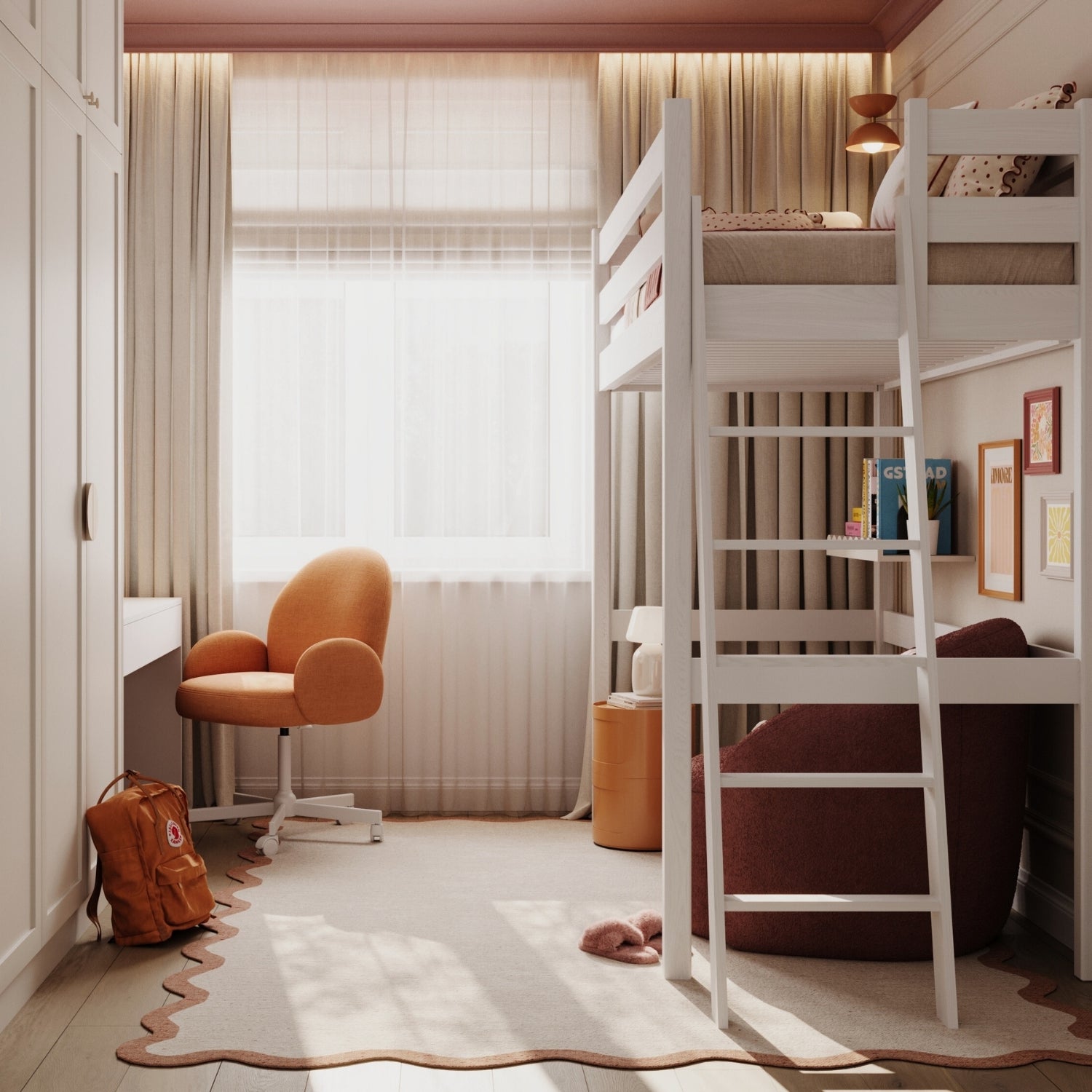 Balta medinė antresolinė lova - sandūrų ir kopėčių detalės, Nizio Home