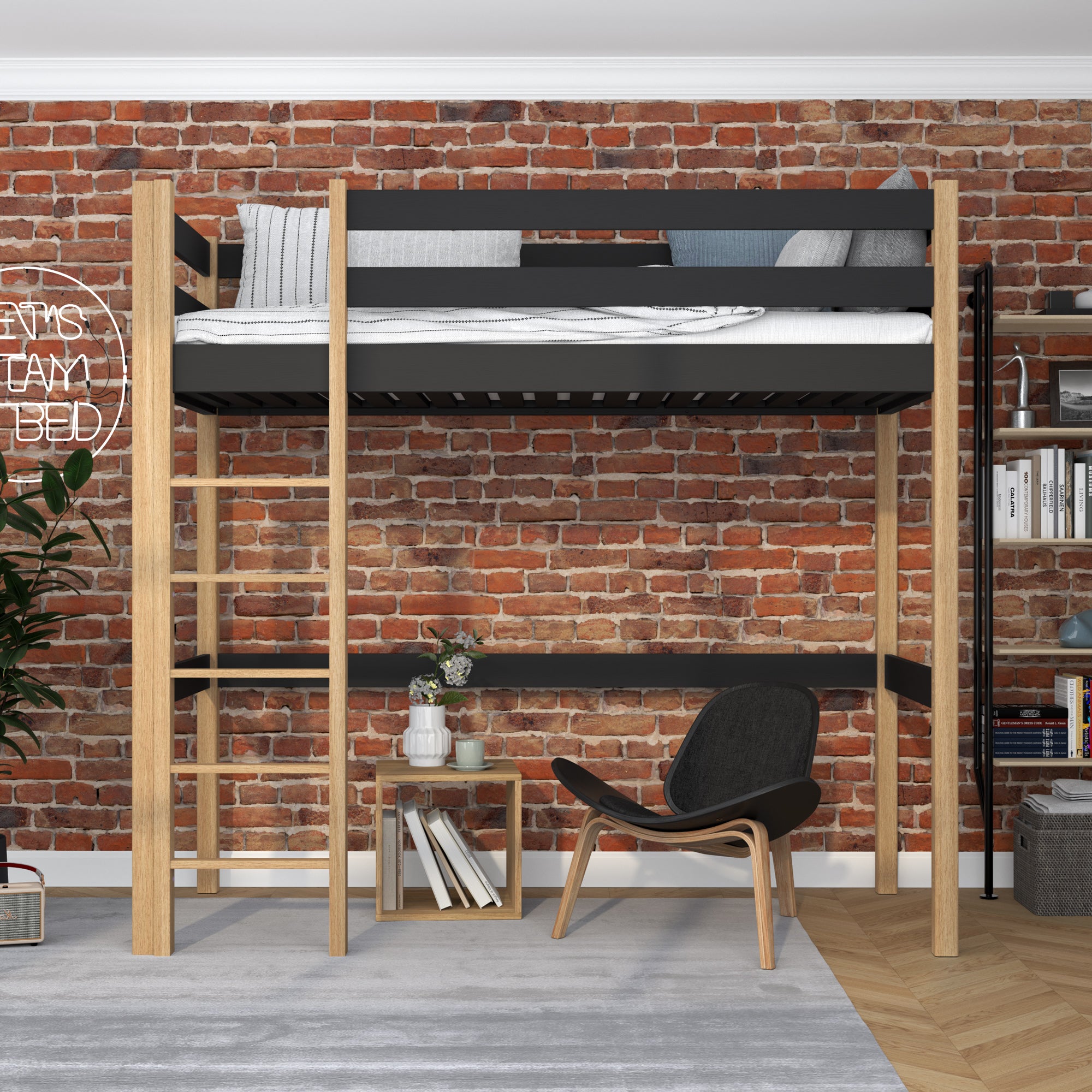 Juodos ir ąžuolinės antresolės lova - medinės kopėčios ir turėklai, Nizio Home