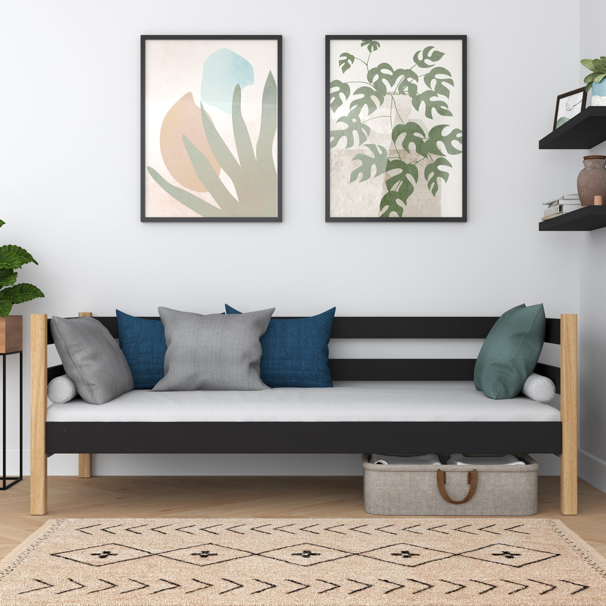 Juodos ir ąžuolo medinė sofa-lova - vaikų kambarys, skandinaviško stiliaus Nizio