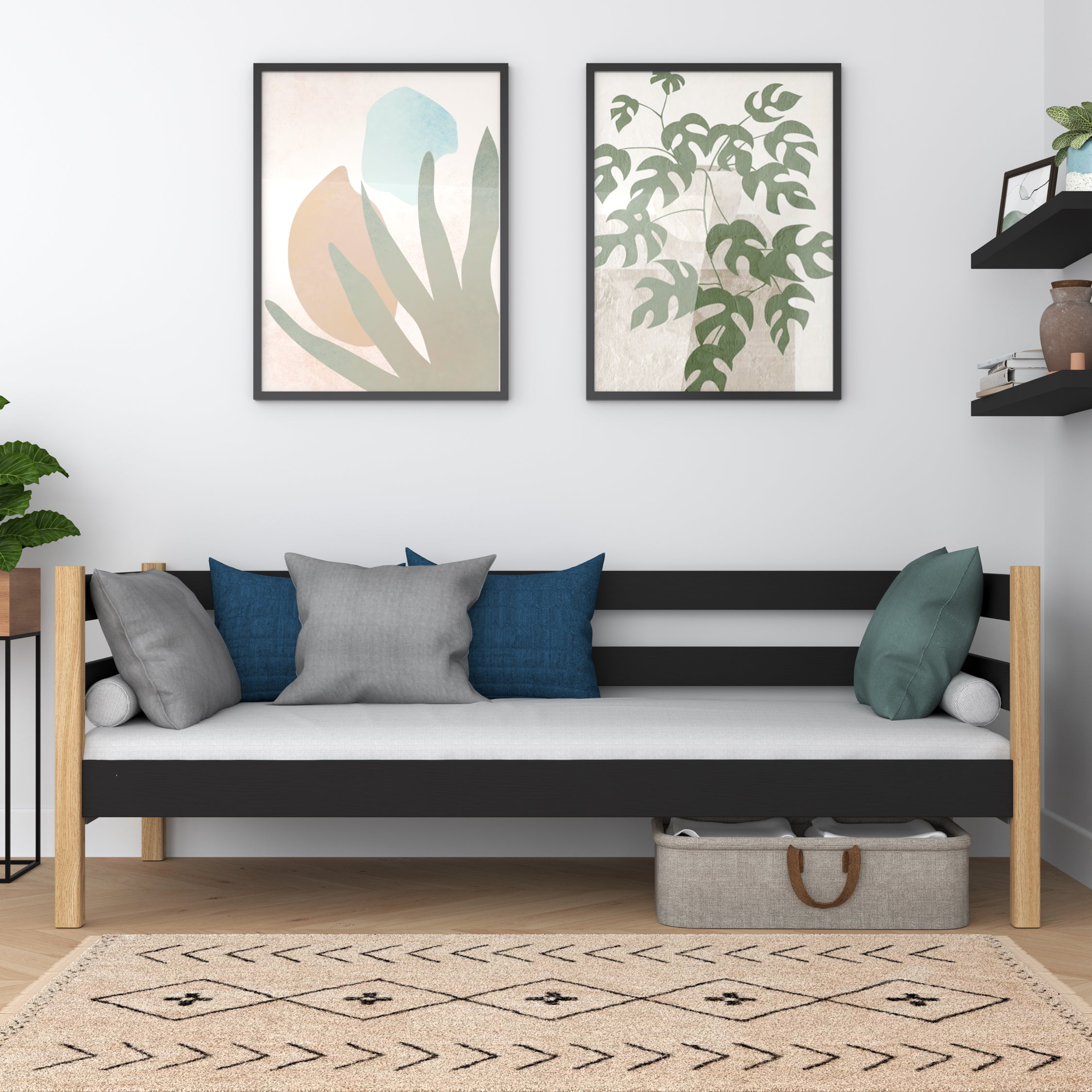 Juodos ir ąžuolo medinė sofa-lova - vaikų kambarys, skandinaviško stiliaus Nizio