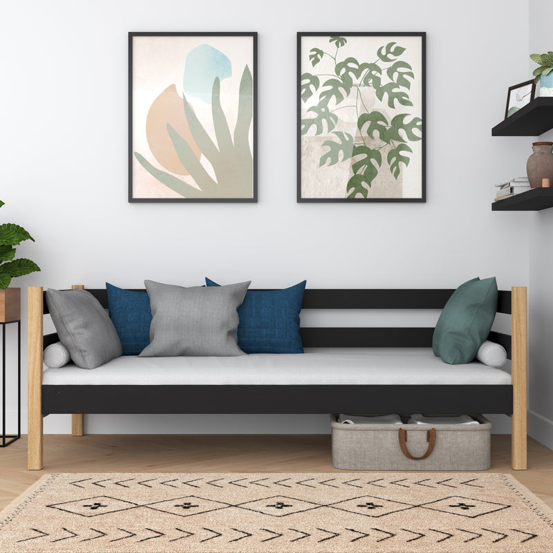 Juodos ir ąžuolo medinė sofa-lova - vaikų kambarys, skandinaviško stiliaus Nizio