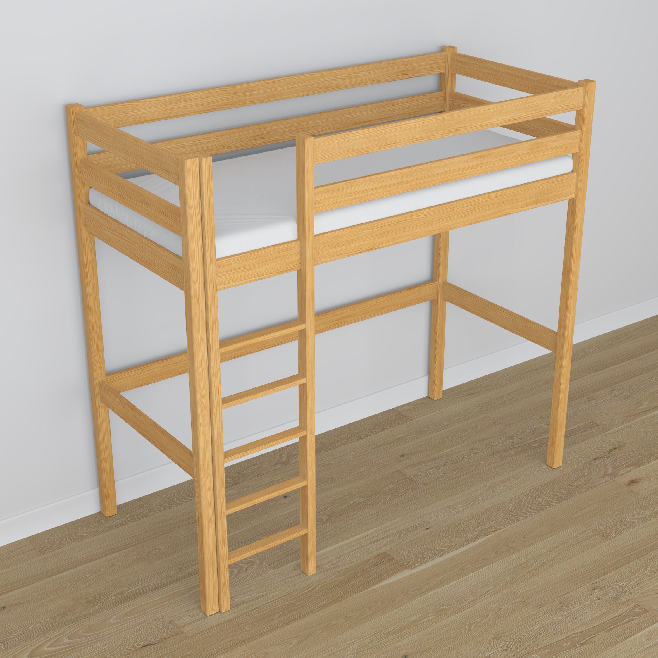 Loft bed natural pine wooden – top view of the sleeping area