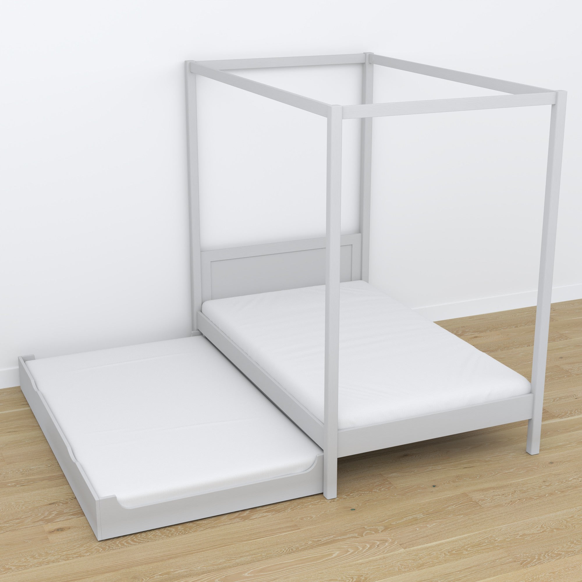 Wooden grey canopy bed – extended drawer, guest sleeping space
