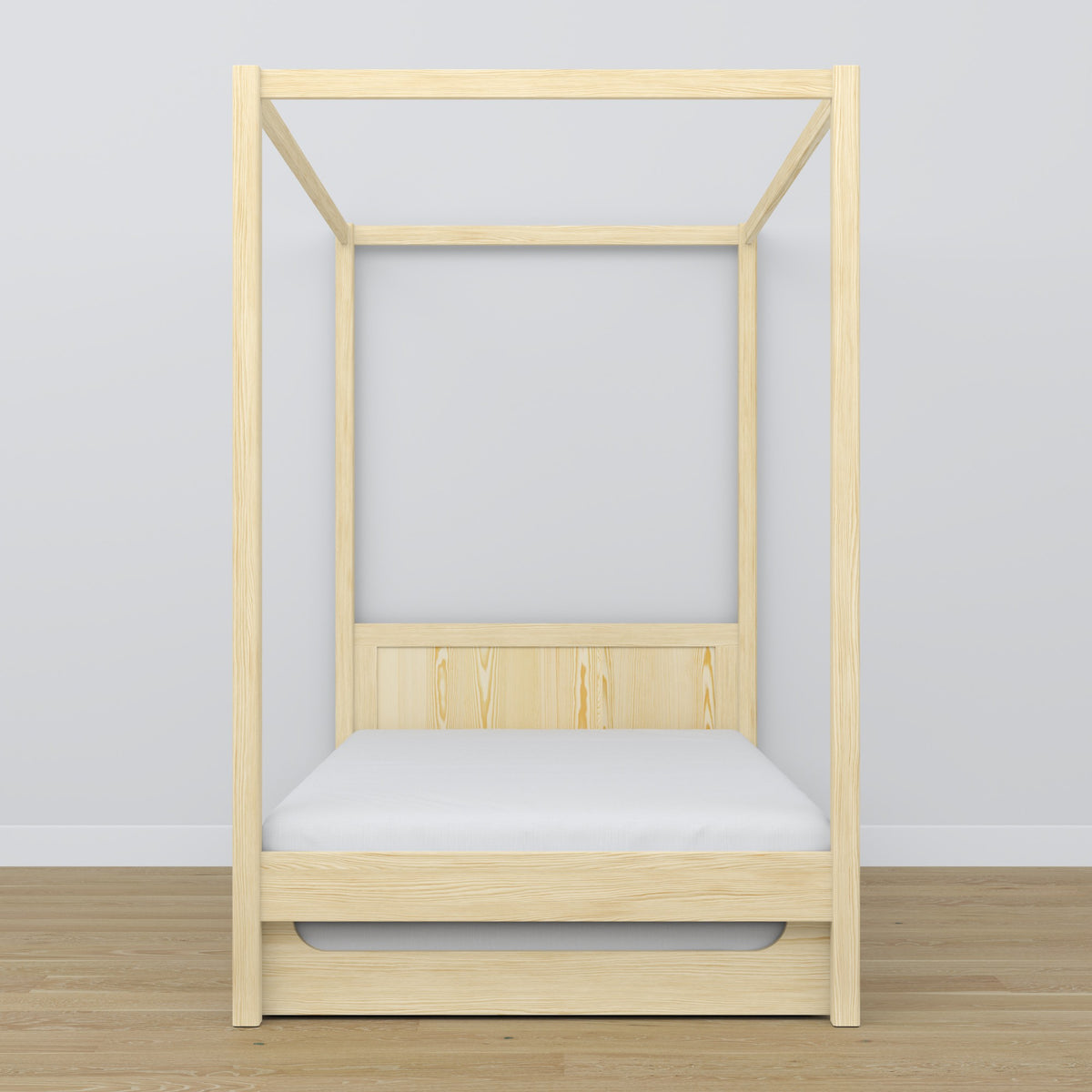 Clear pine canopy bed with drawer – side view, wooden, Nizio
