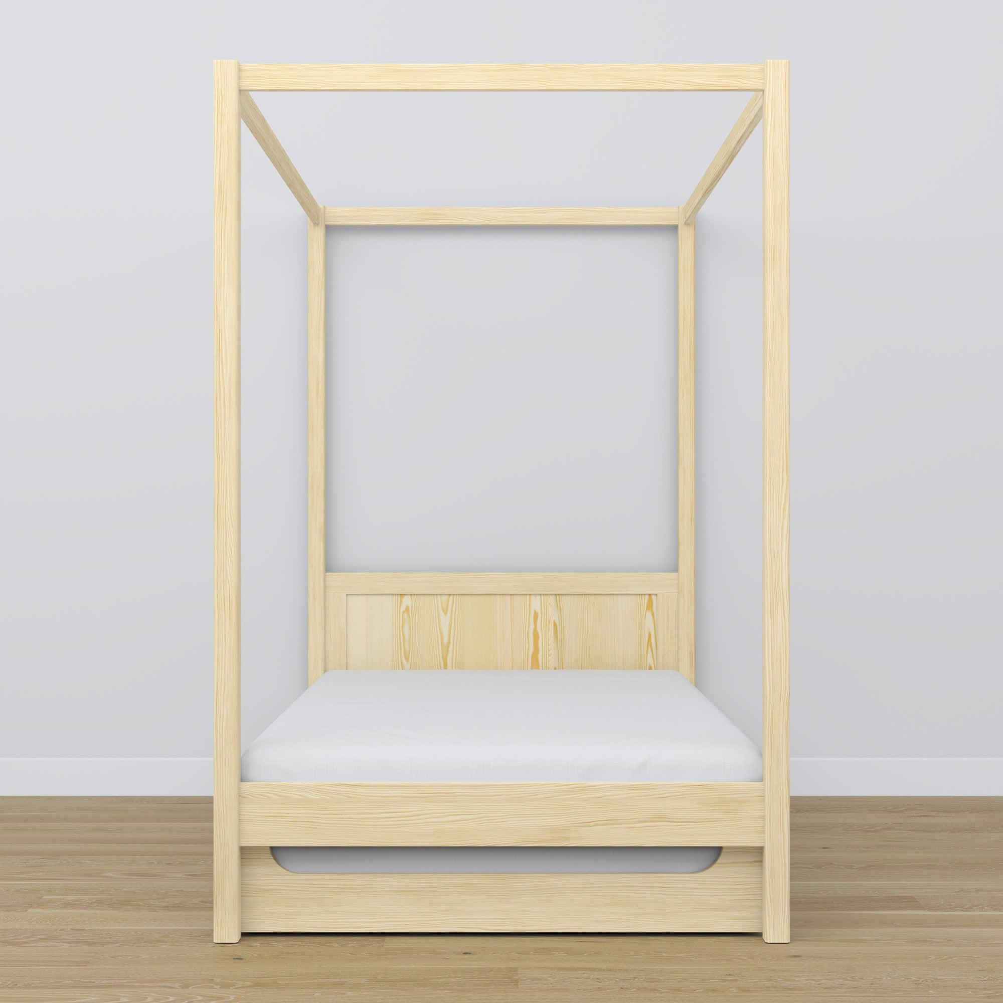Clear pine canopy bed with drawer – side view, wooden, Nizio