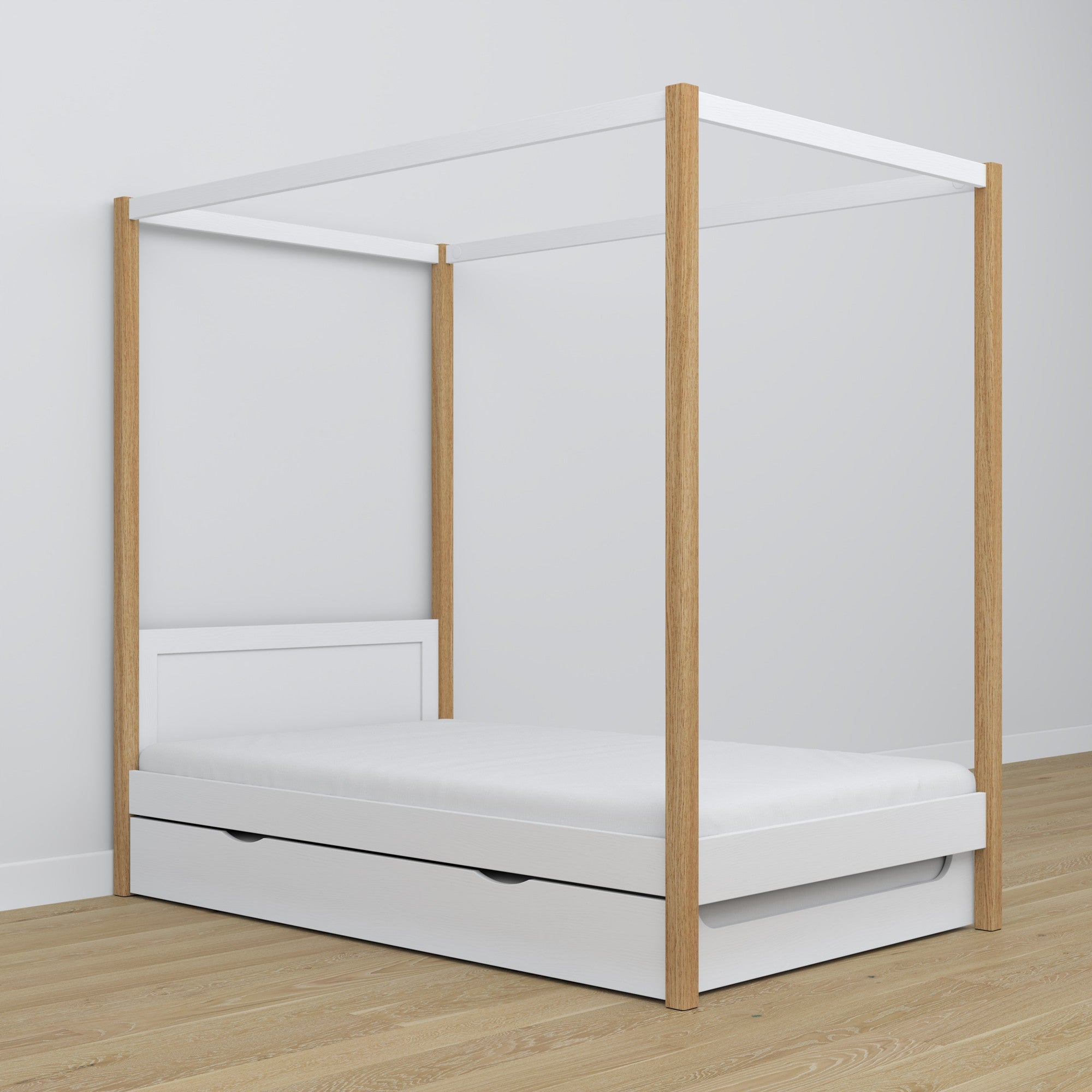 Bed white/oak canopy bed – drawer for an extra mattress, wooden