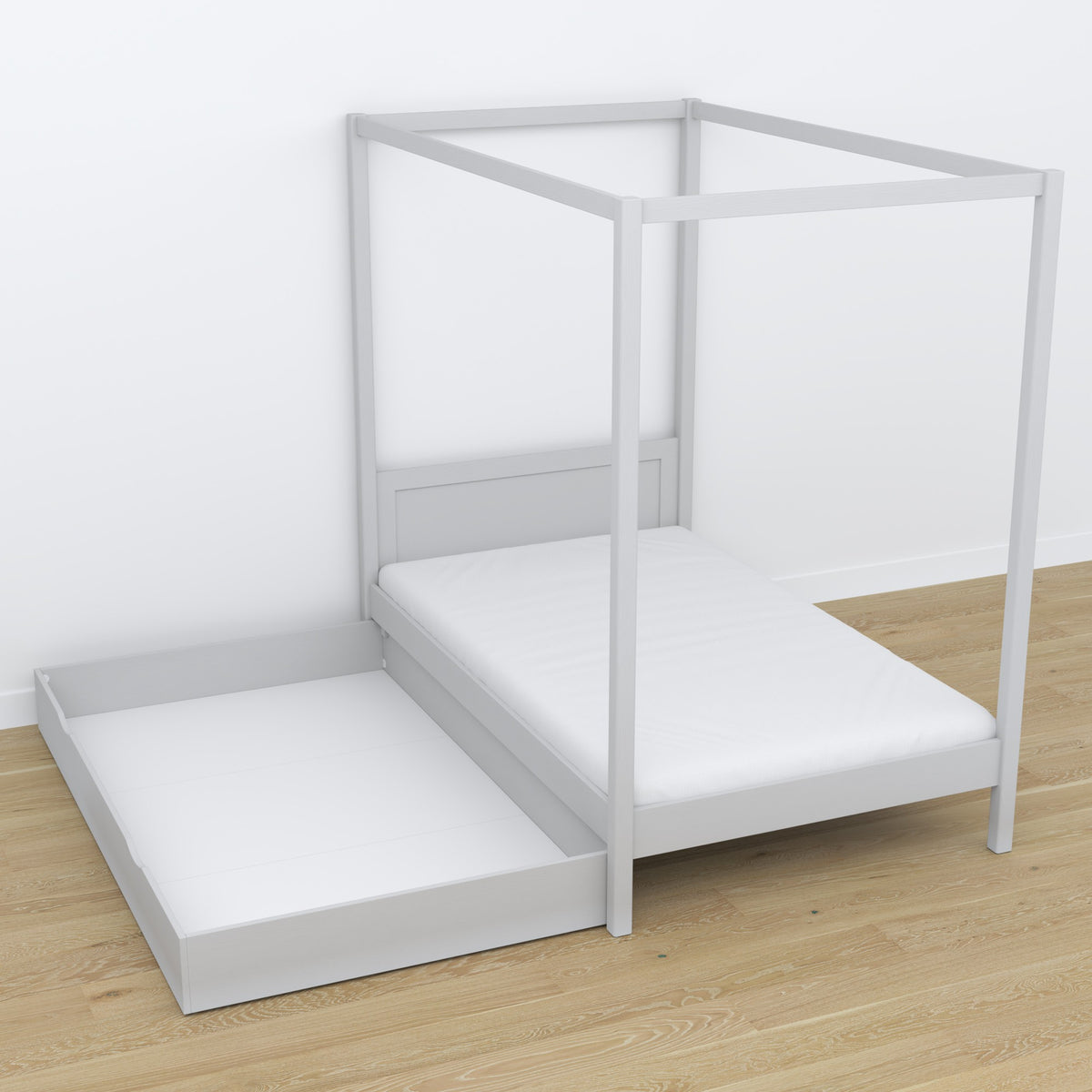 Pilkos spalvos medinė lova su baldakimu - dekoratyvinis rėmas, vaikų kambarys
