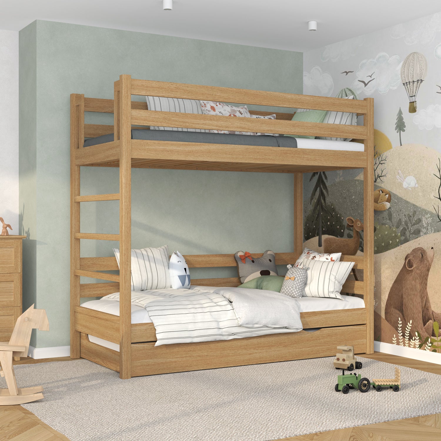 Natural Oak Bunk Bed with Mattress Drawer – Safety Rail, Oak, Nizio Home