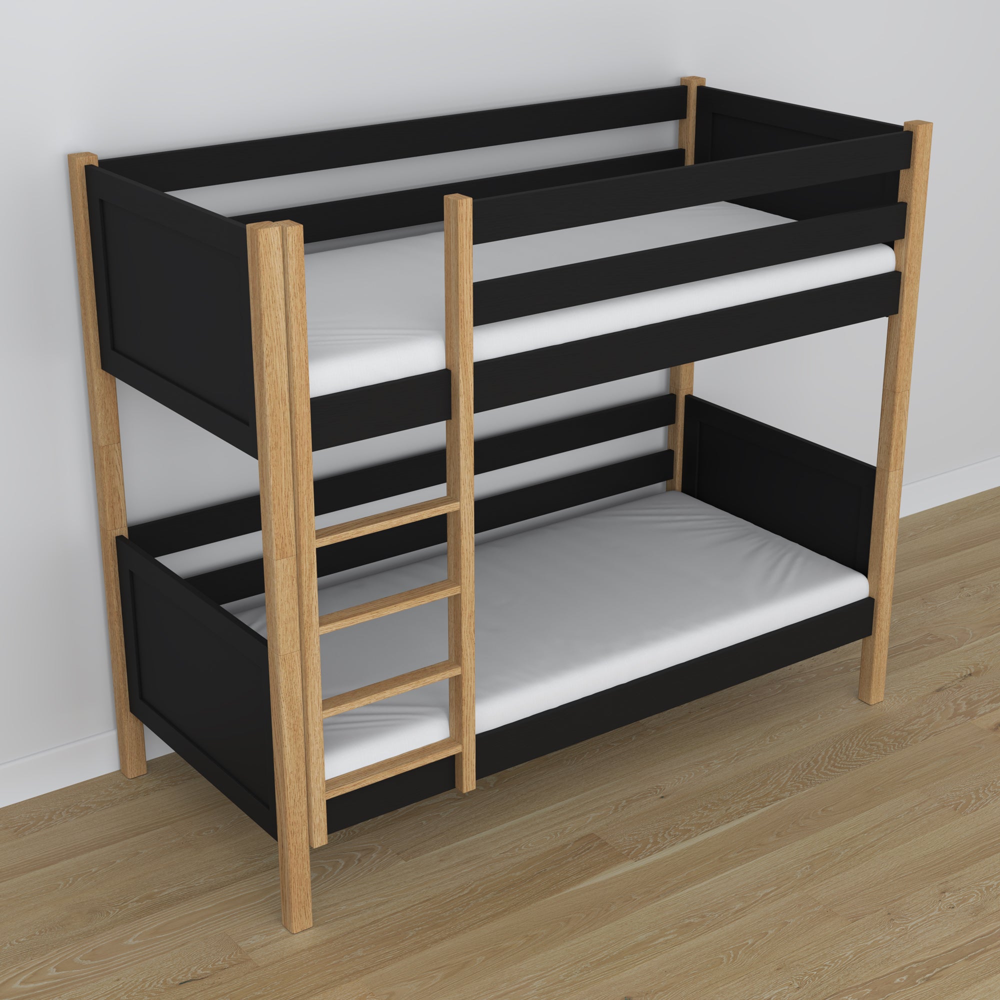 Black and oak bunk bed in a children's room - scandi arrangement, wooden