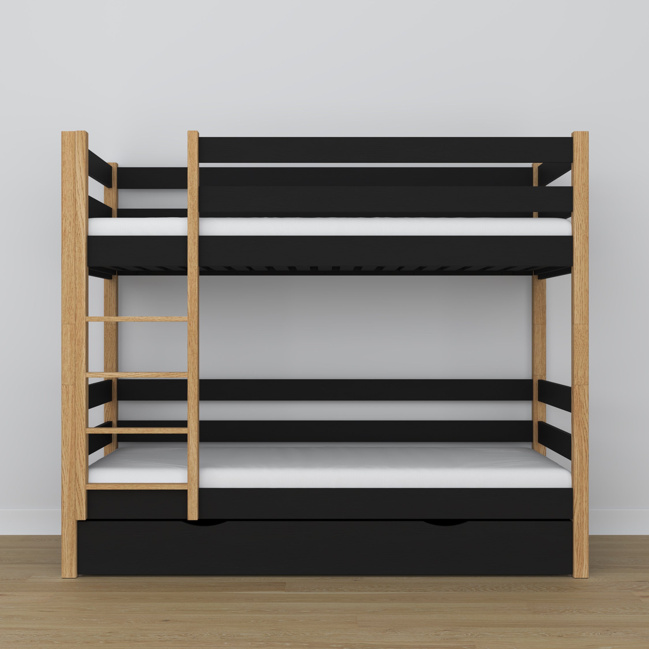 Black and oak bunk bed - wooden frame with slats, side view