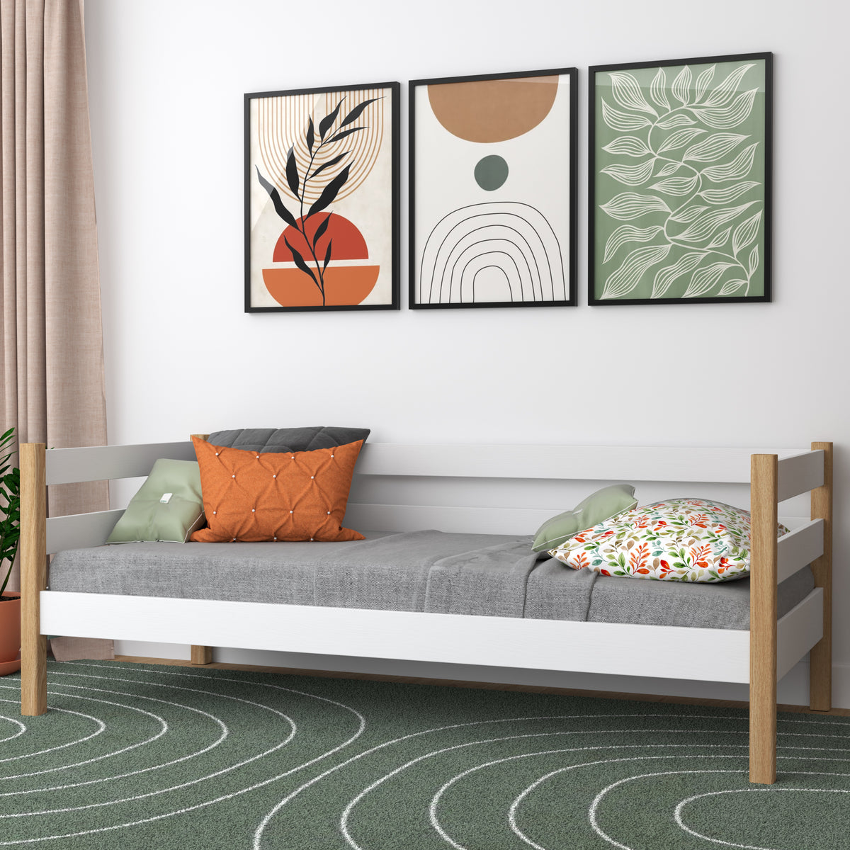 Balta ir ąžuolinė sofa-lova vaikų kambaryje - skandi išdėstymas, medinė