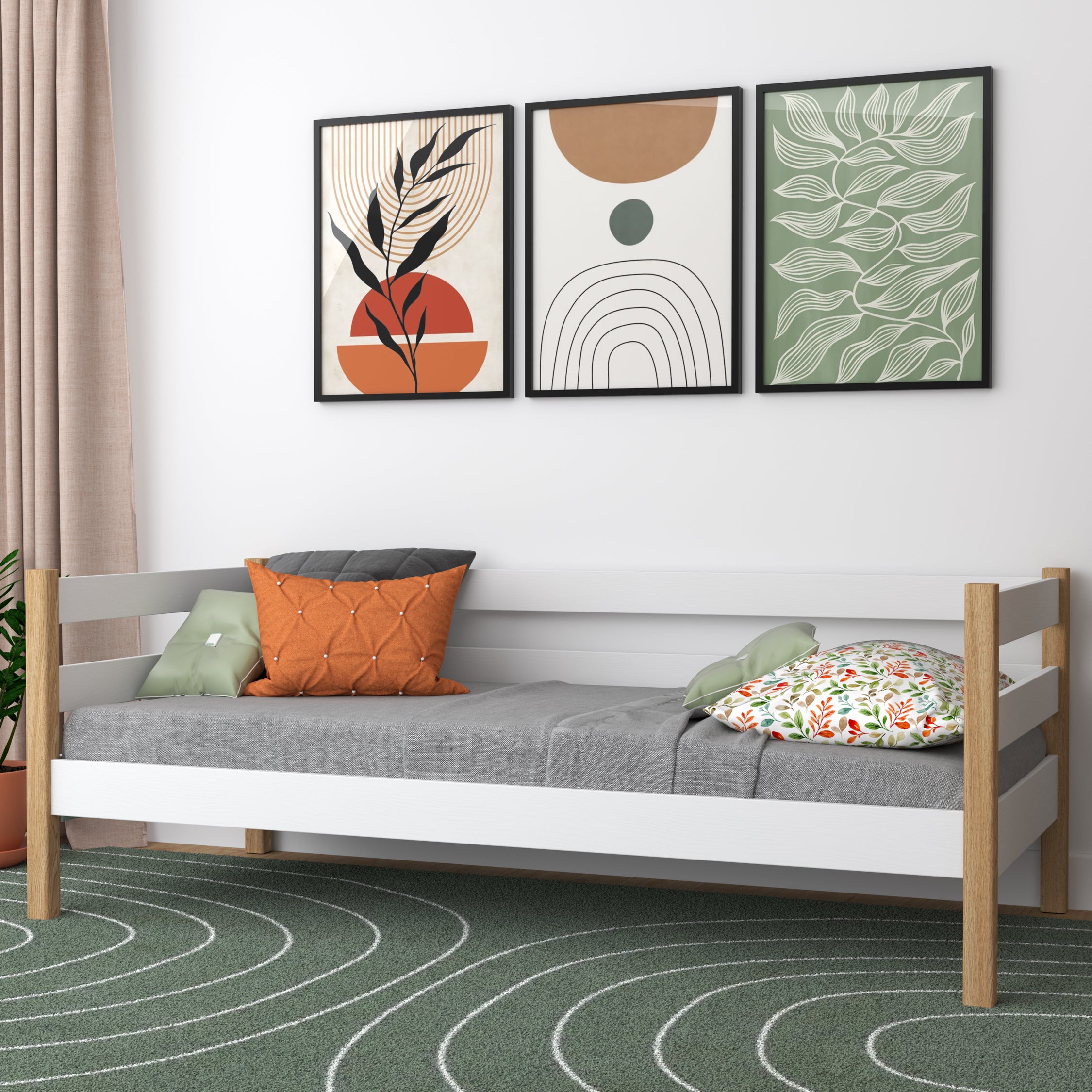 Balta ir ąžuolinė sofa-lova vaikų kambaryje - skandi išdėstymas, medinė