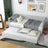 Pilkos spalvos medinė sofa-lova - čiužinio stalčius prailgintas, svečiams