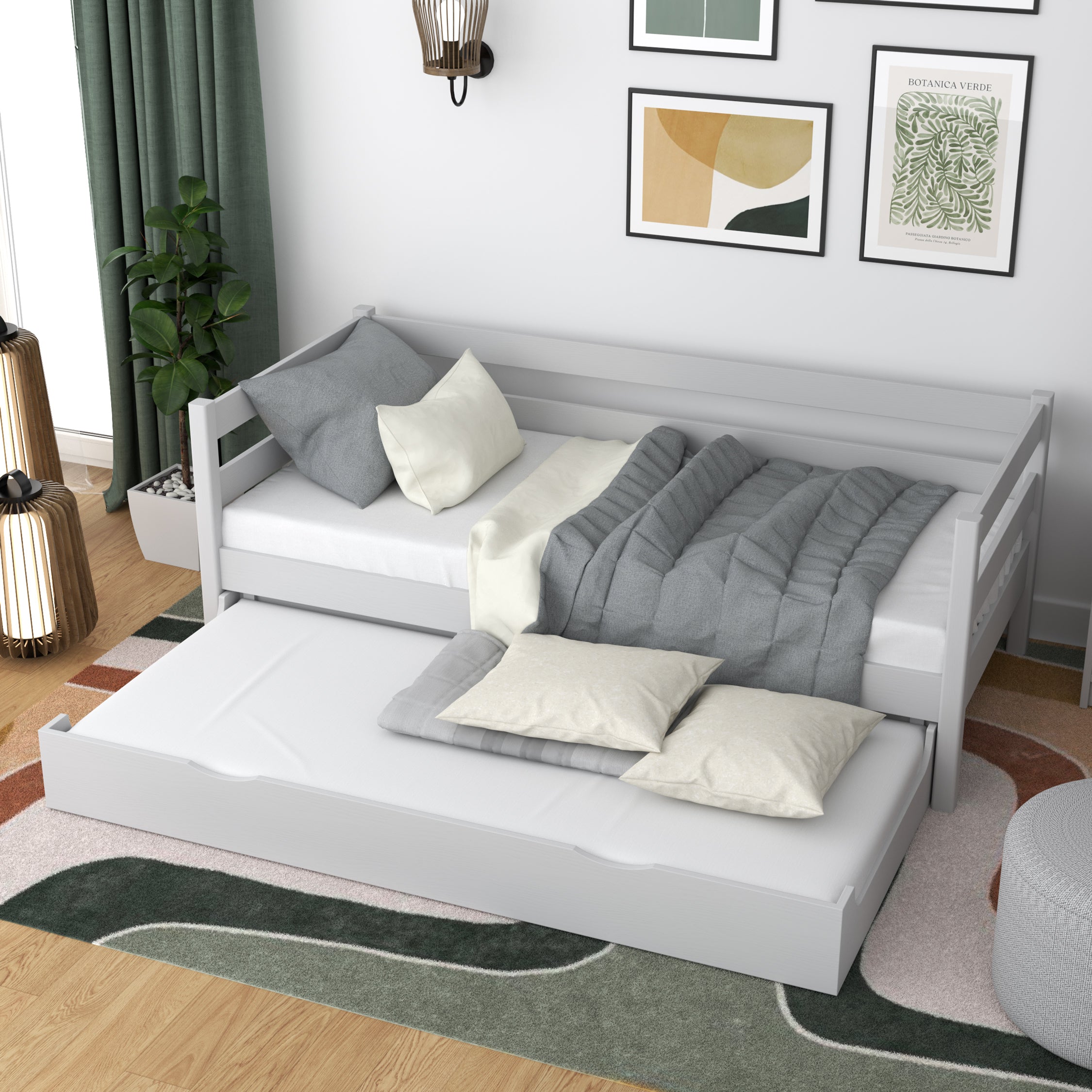 Pilkos spalvos medinė sofa-lova - čiužinio stalčius prailgintas, svečiams