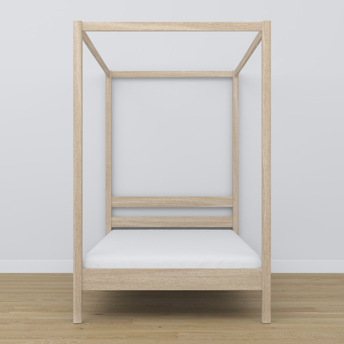 Oak canopy bed bleached oak – close-up of canopy and headboard