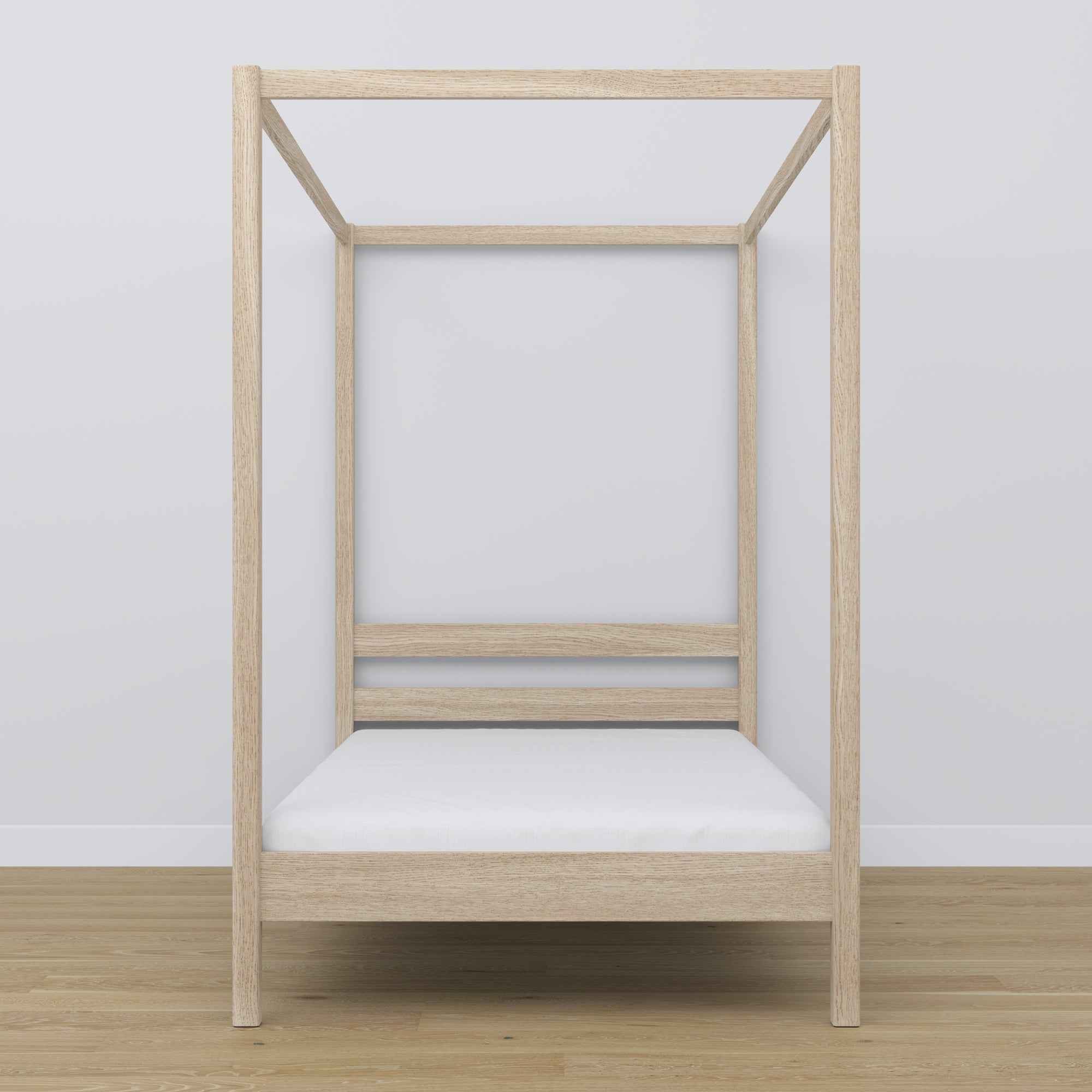Oak canopy bed bleached oak – close-up of canopy and headboard