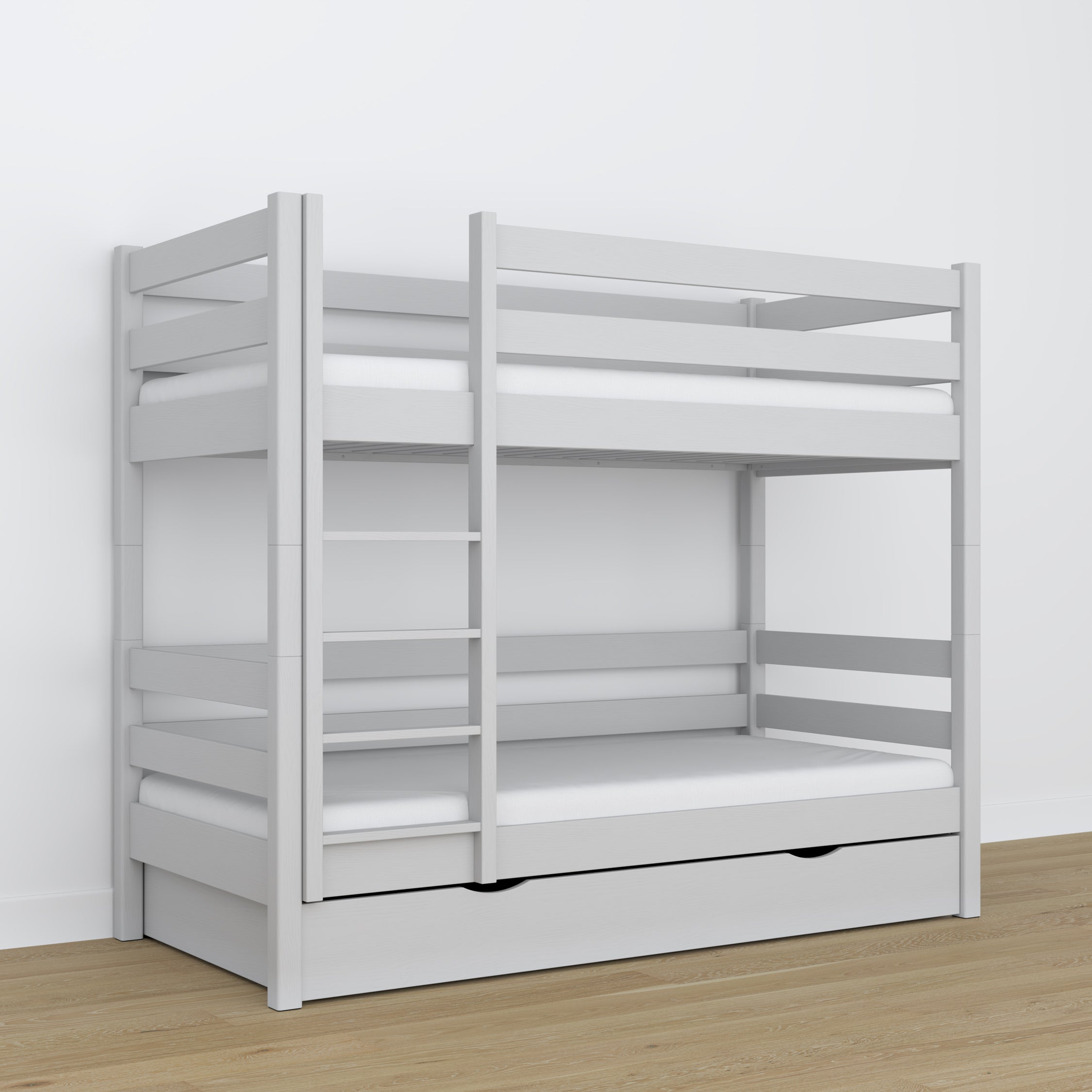 Pilka dviaukštė lova - medinis rėmas su lentjuostėmis, vaizdas iš šono