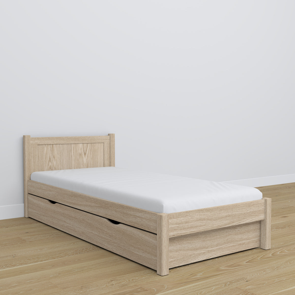 Oak bed with drawer bleached oak – child’s room, scandi arrangement