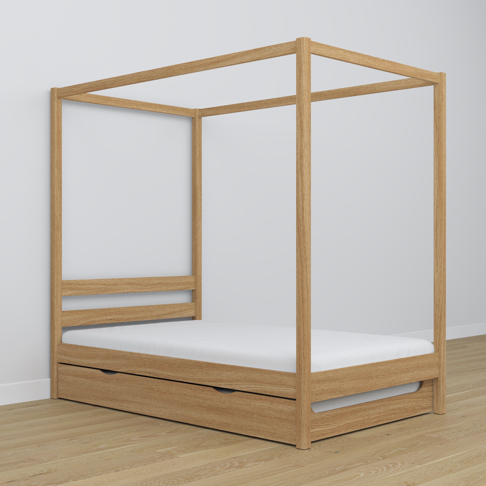 Natural Oak Canopy Bed – Drawer for Additional Mattress, Oak