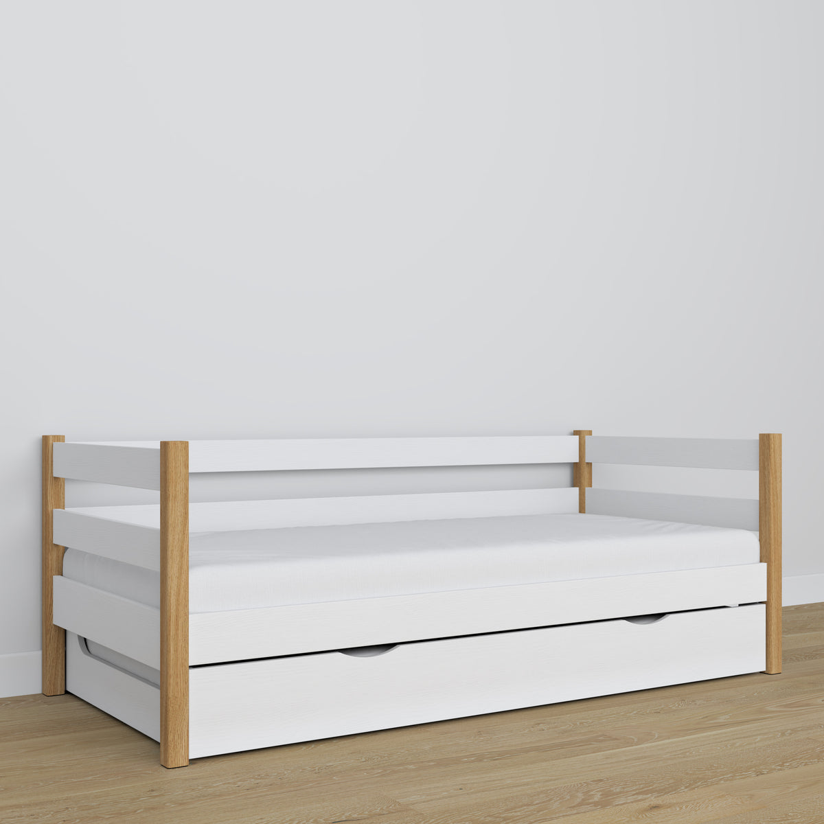 Balta ir ąžuolinė sofa-lova - medinės detalės, aukštos kokybės Nizio