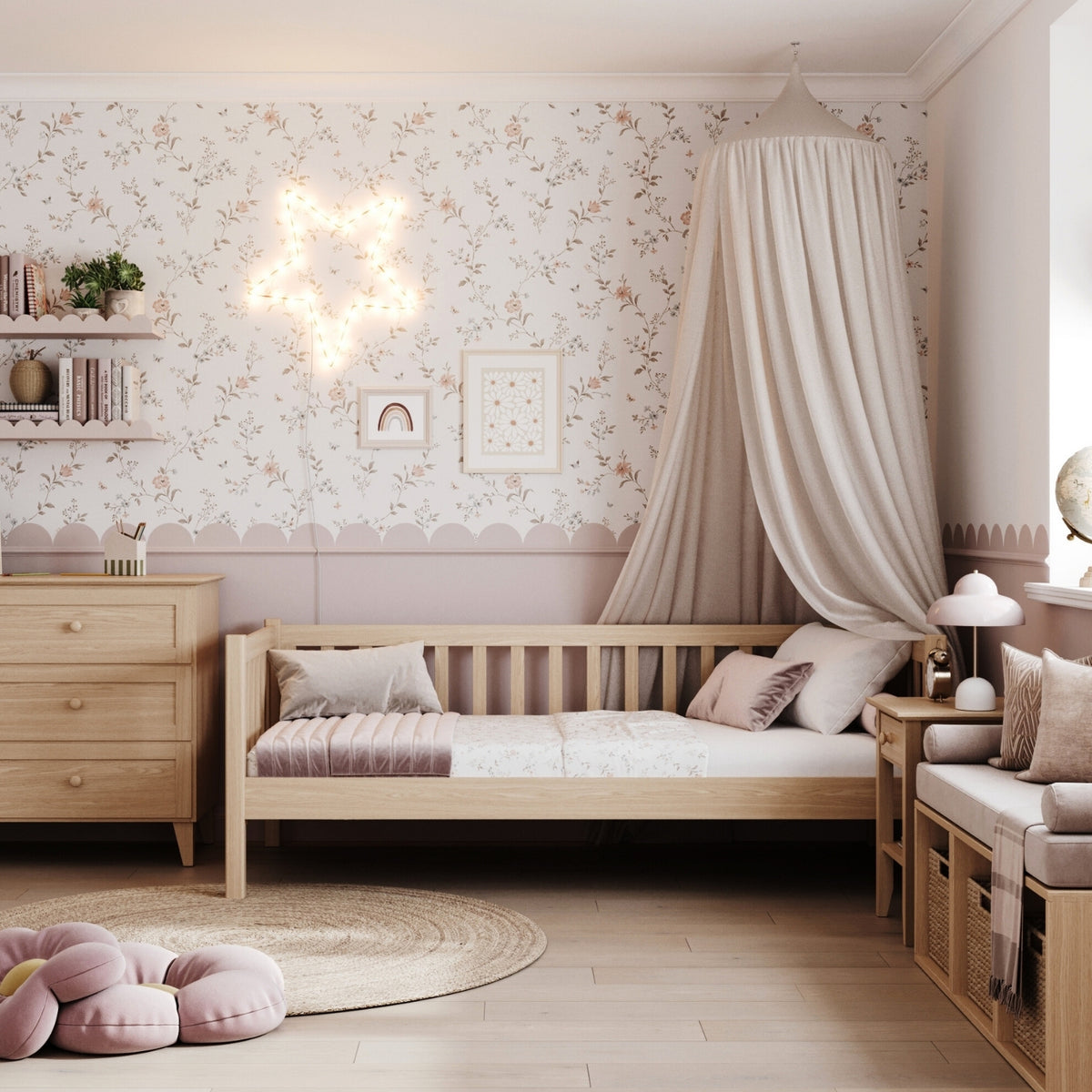 Natūralaus ąžuolo sofa-lova - ąžuolinė šoninė užtvara, sauga vaikams