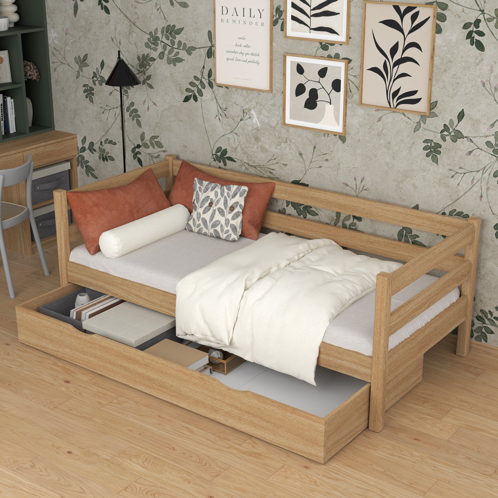 Natūralaus ąžuolo sofa-lova su stalčiumi - erdvus sandėliukas, ąžuolinis, Nizio