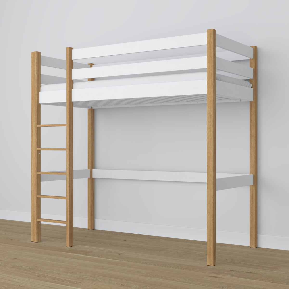 White and Oak Wooden Loft Bed – Free Space Under the Sleeping Area, Nizio