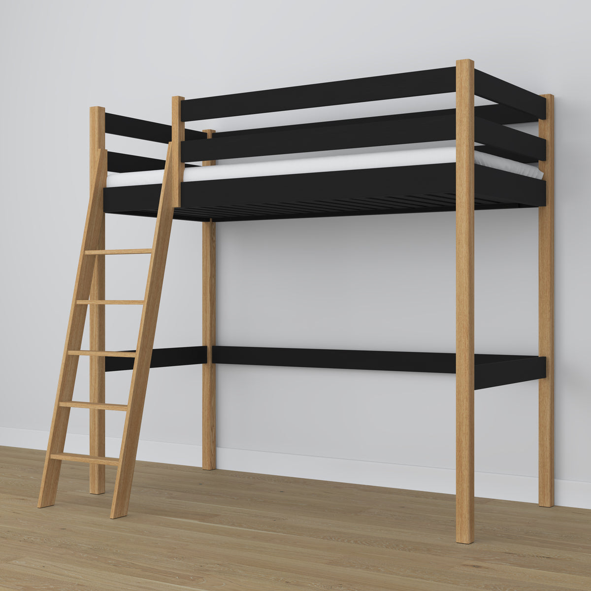 Black and Oak Wooden Loft Bed – Slatted Frame, Side View