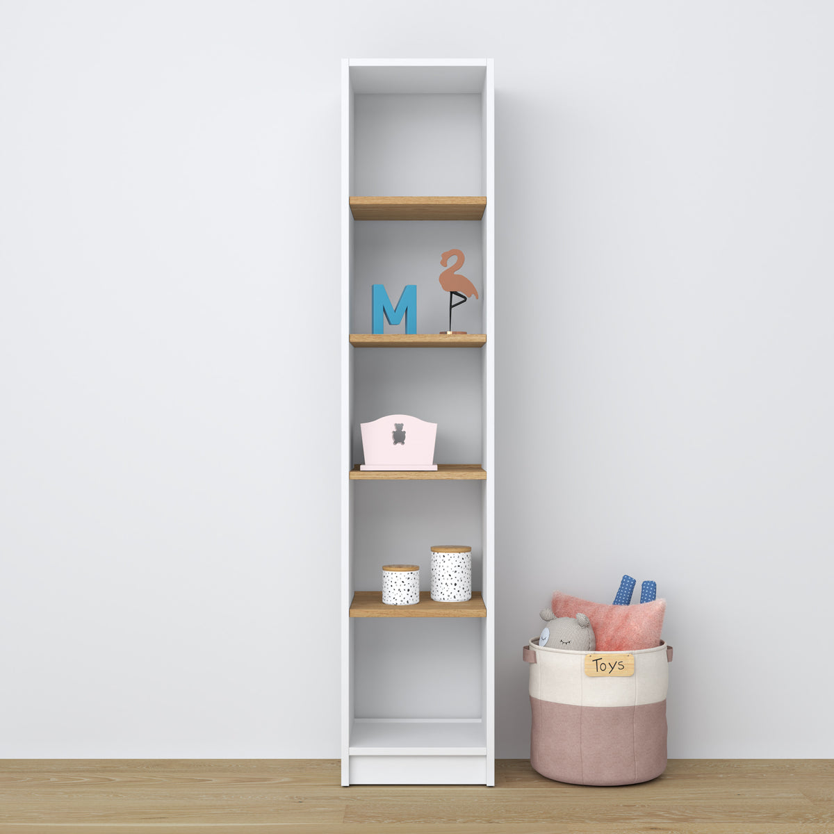 Balta ir ąžuolinė medinė lentyna - lentynos ir detalės stambiu planu, Nizio Home